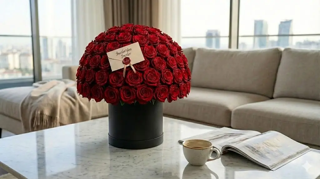 Varış ve Huzur: Alıcının evinde, sabah ışığı alan şık bir mermer sehpa üzerinde duran çiçek ve yanında okunmuş, zarifçe bırakılmış not kartı.