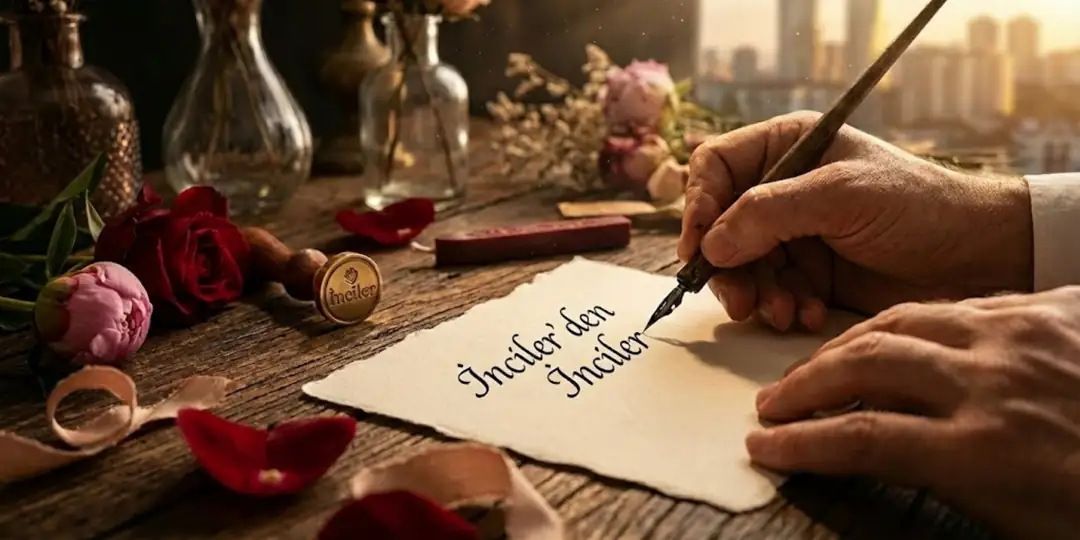 Zanaatkarın Dokunuşu: İnciler Çiçek atölyesinde, lüks bir kartın üzerine kaligrafiyle yazılan notun ve etraftaki taze çiçek yapraklarının sıcak ışık altındaki hazırlık anı.