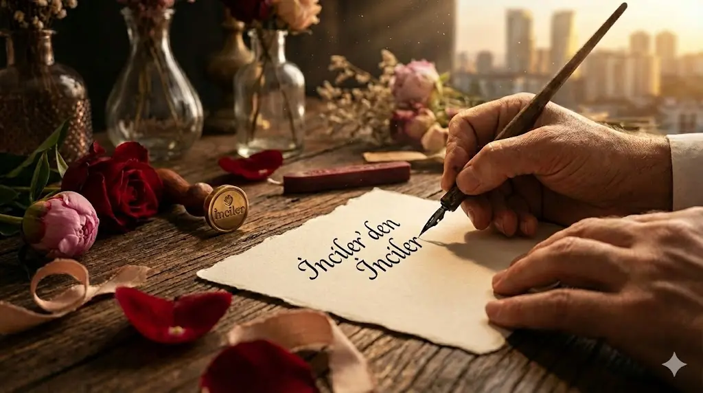 Zanaatkarın Dokunuşu: İnciler Çiçek atölyesinde, lüks bir kartın üzerine kaligrafiyle yazılan notun ve etraftaki taze çiçek yapraklarının sıcak ışık altındaki hazırlık anı.