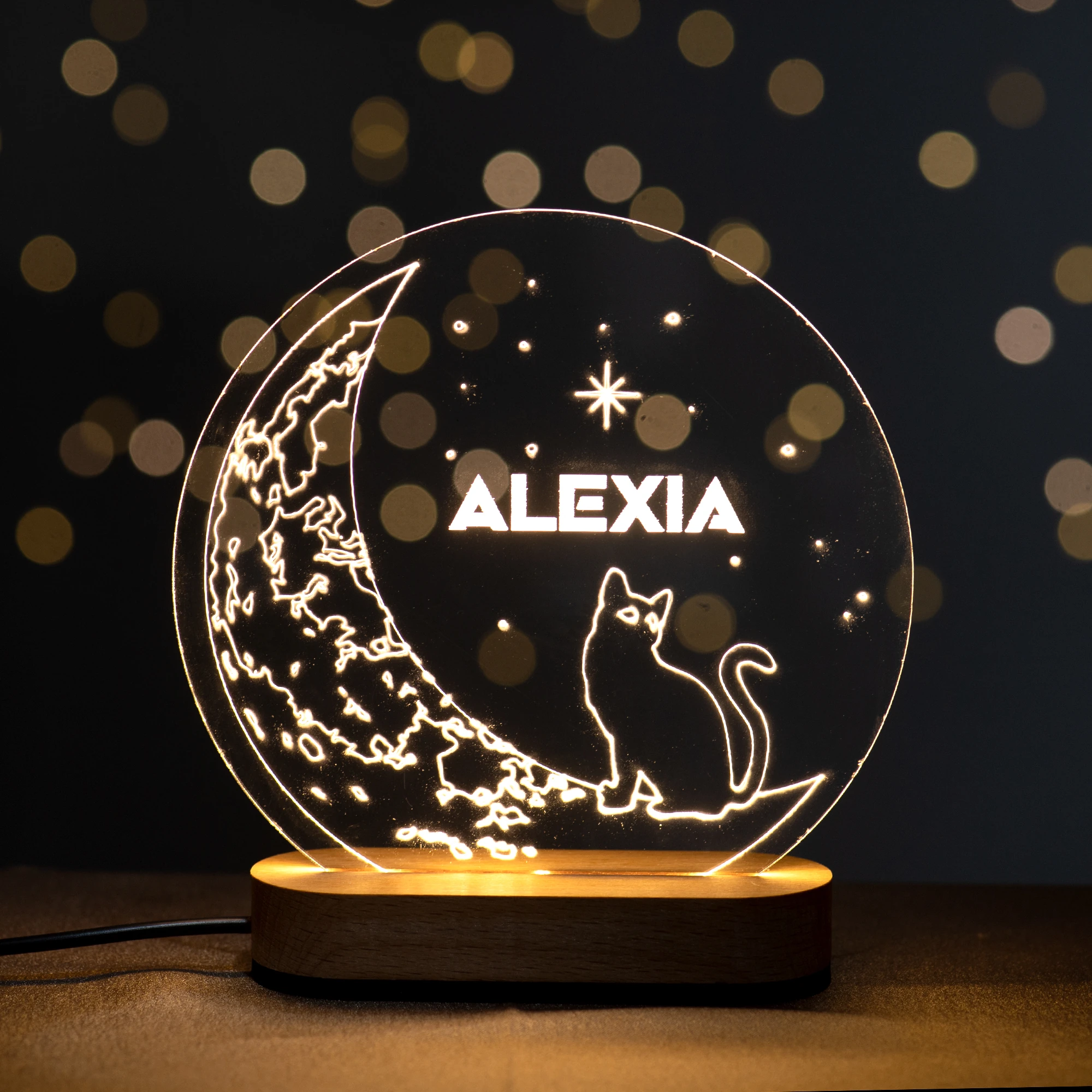 Kişiye Özel Ay ve Kedi Figürlü LED Gece Lambası – Çocuk Odası Işıklı İsimli Lamba