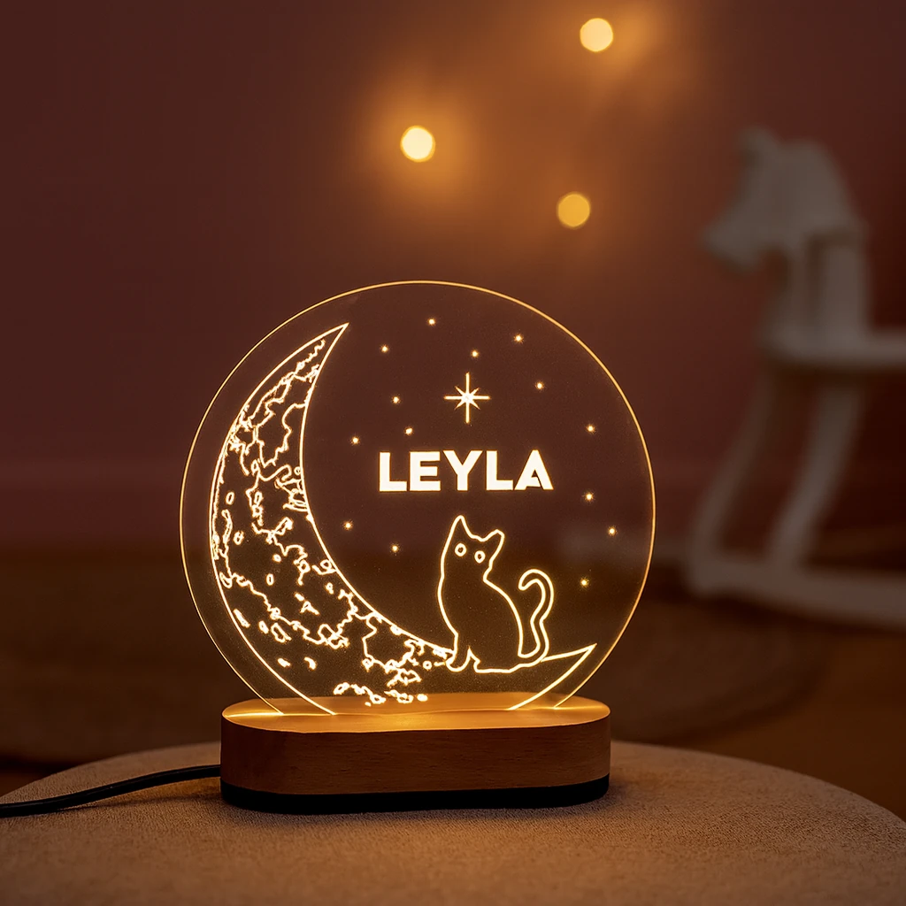 Kişiye Özel Ay ve Kedi Figürlü LED Gece Lambası – Çocuk Odası Işıklı İsimli Lamba