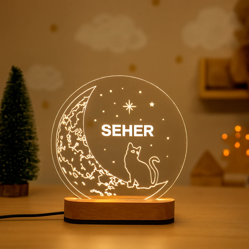 Kişiye Özel Ay ve Kedi Figürlü LED Gece Lambası – Çocuk Odası Işıklı İsimli Lamba