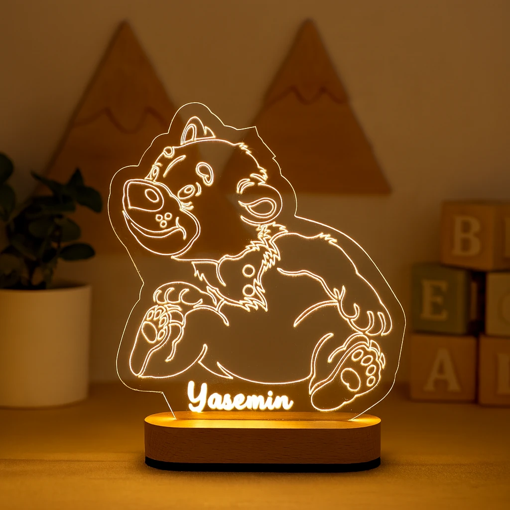 Kişiye Özel Ayı Figürlü LED Gece Lambası – Çocuk Odası İsimli Pleksi Lamba