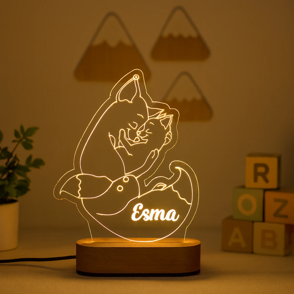 Kişiye Özel Tilki ve Yavru Tilki Figürlü LED Gece Lambası 