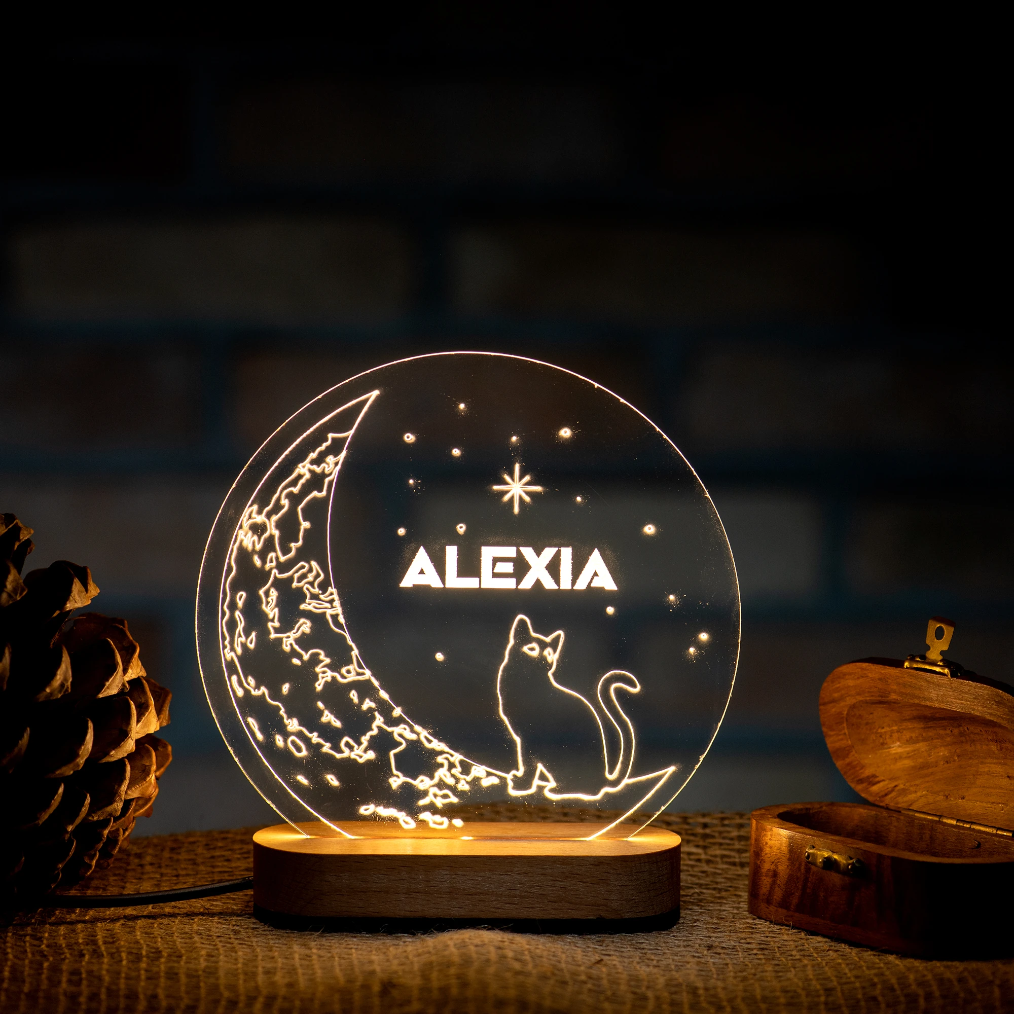 Kişiye Özel Ay ve Kedi Figürlü LED Gece Lambası – Çocuk Odası Işıklı İsimli Lamba