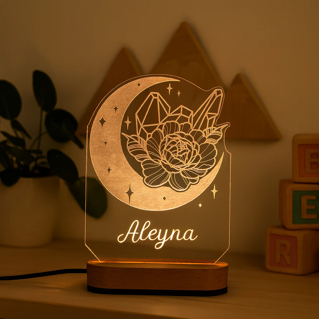 Kişiye Özel Çiçek ve Kristal Detaylı Ay Figürlü LED Gece Lambası – Çocuk Odası İsimli Pleksi Lamba