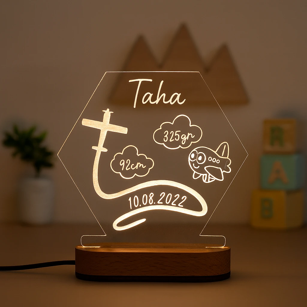 Kişiye Özel Uçak Temalı Doğum Bilgili LED Gece Lambası – Çocuk Odası İsimli Pleksi Lamba