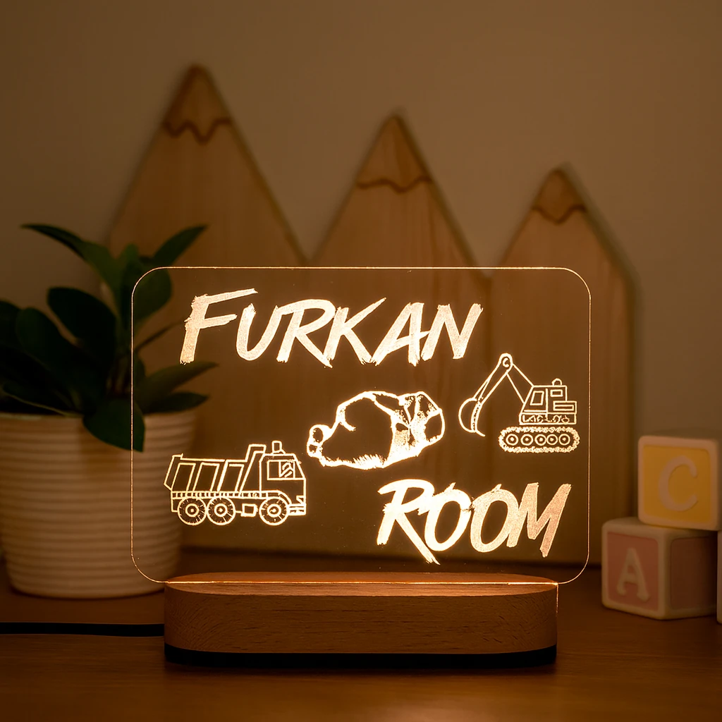 Kişiye Özel İnşaat Temalı LED Gece Lambası – Kamyon ve Kepçe Figürlü Çocuk Odası İsimli Pleksi Lamba
