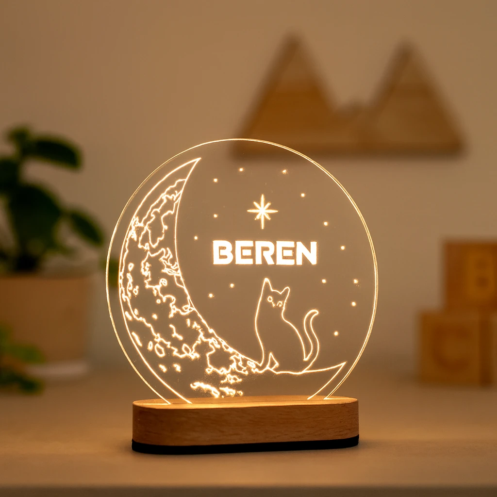 Kişiye Özel Ay ve Kedi Figürlü LED Gece Lambası – Çocuk Odası Işıklı İsimli Lamba