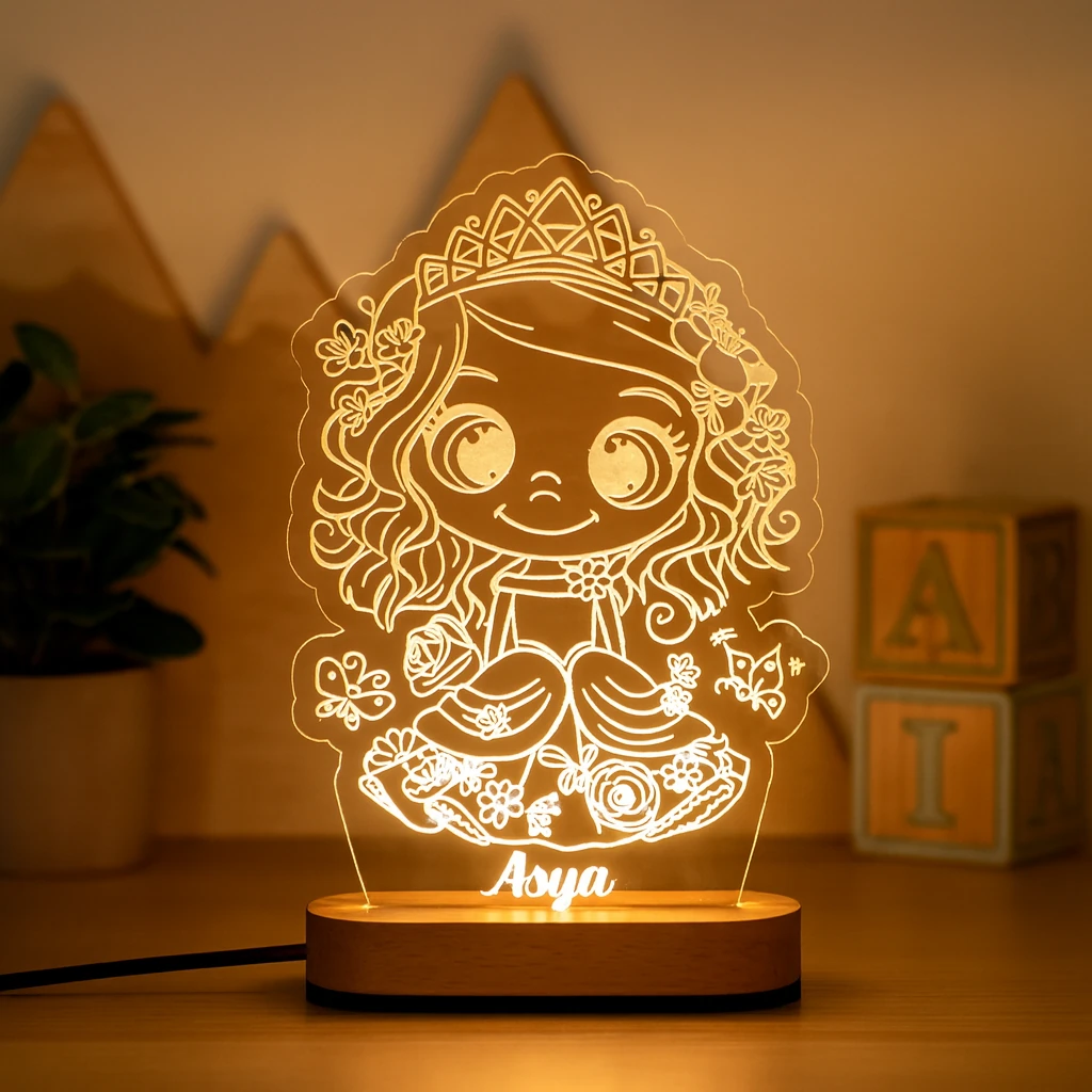 Kişiye Özel Prenses Figürlü LED Gece Lambası – Çiçekli Tasarım İsimli Çocuk Odası Pleksi Lamba