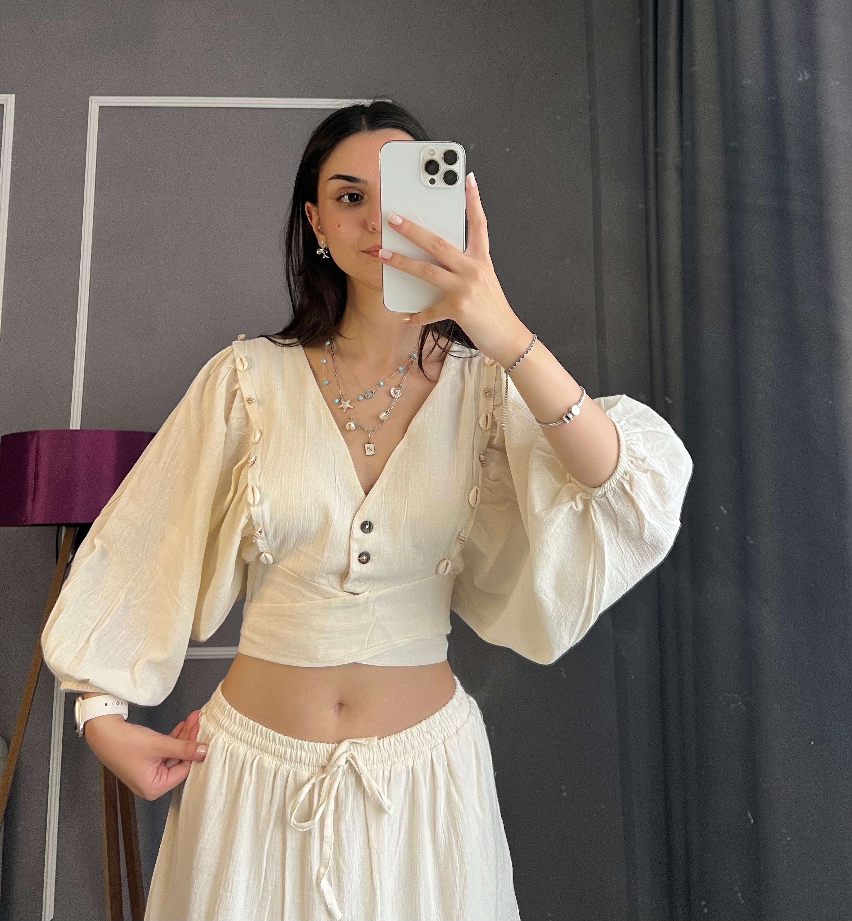 Pamuk Keten Bağlamalı Crop Gömlek - Krem