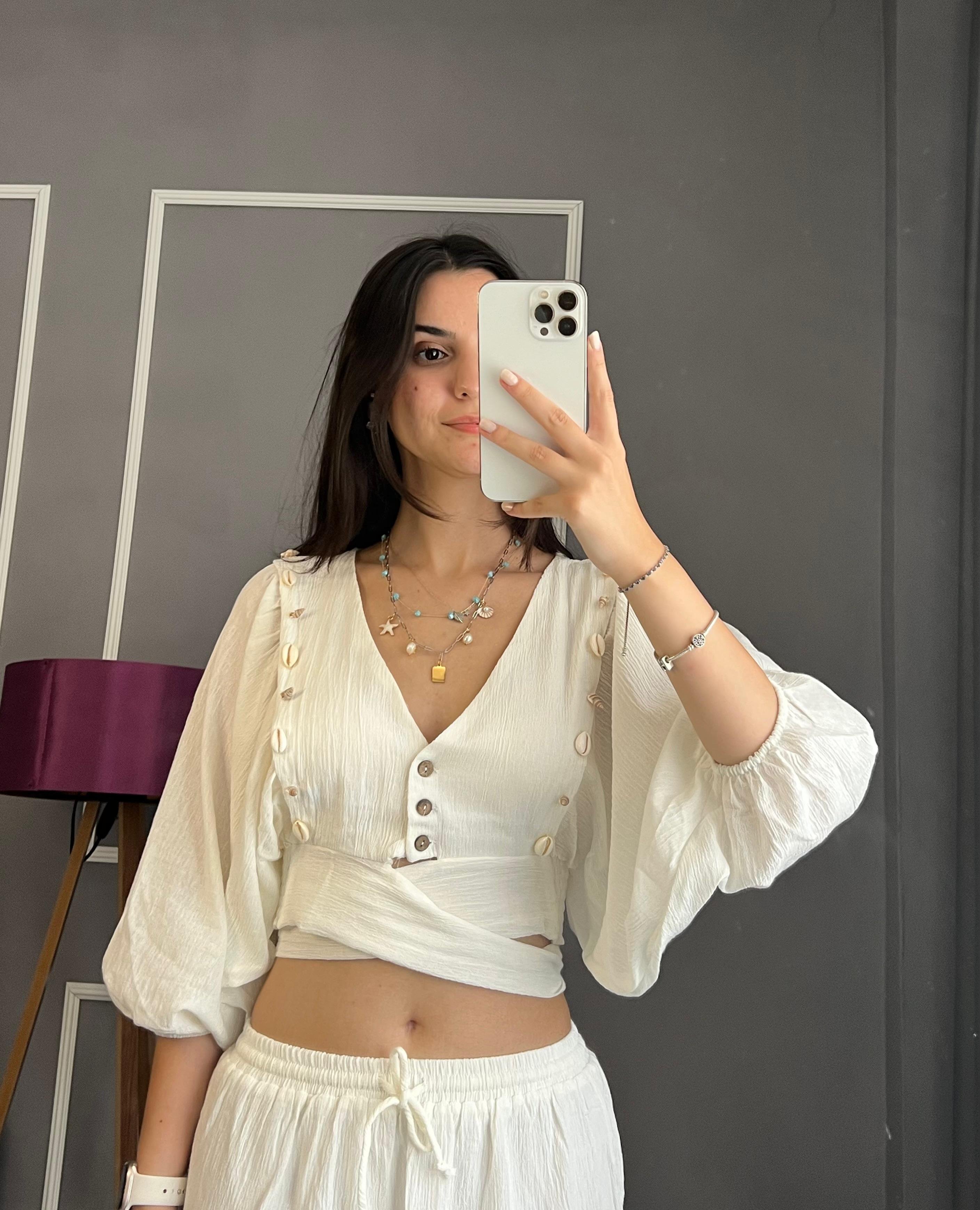 Pamuk Keten Bağlamalı Crop Gömlek - Ekru