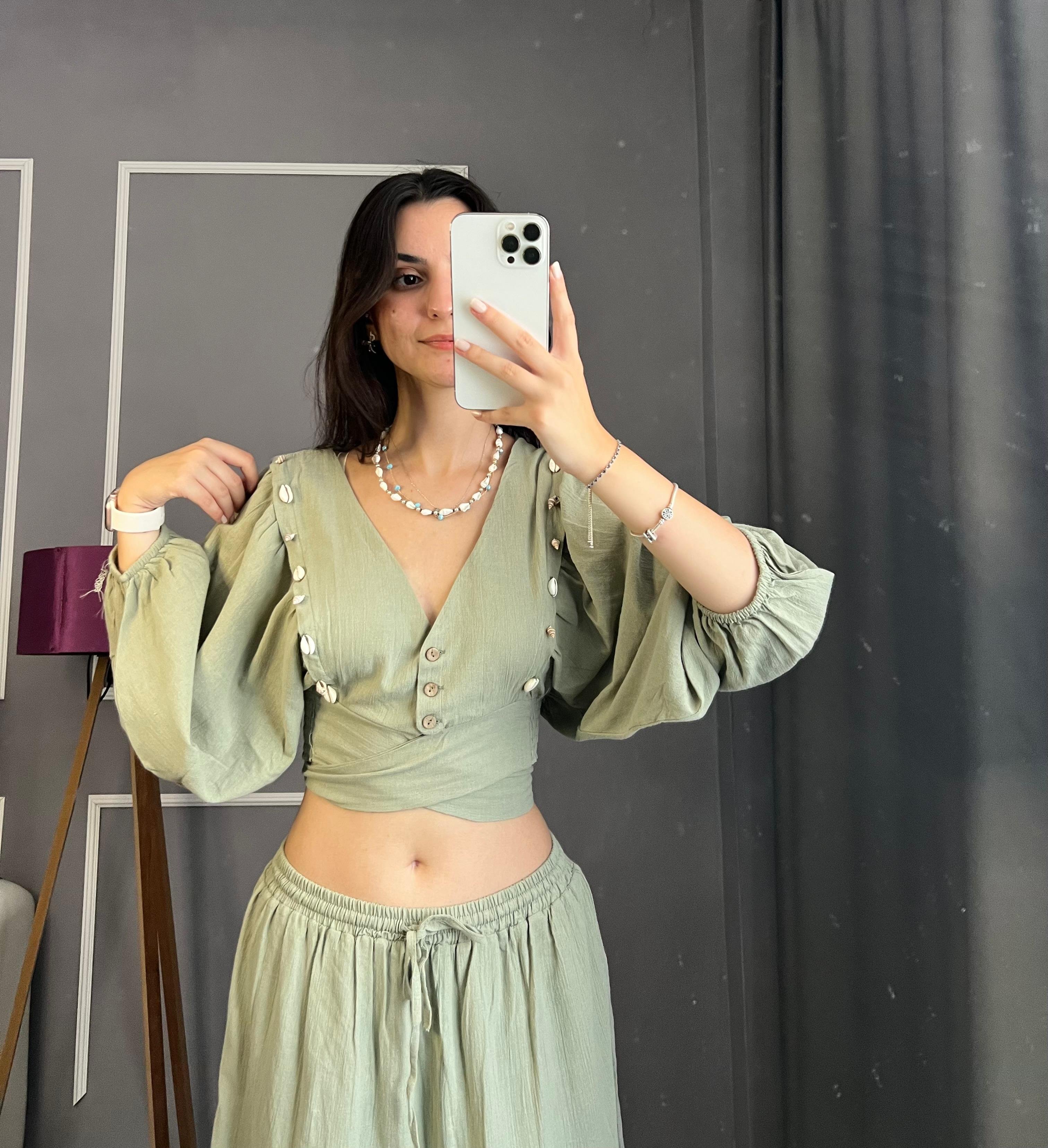 Pamuk Keten Bağlamalı Crop Gömlek - Mint