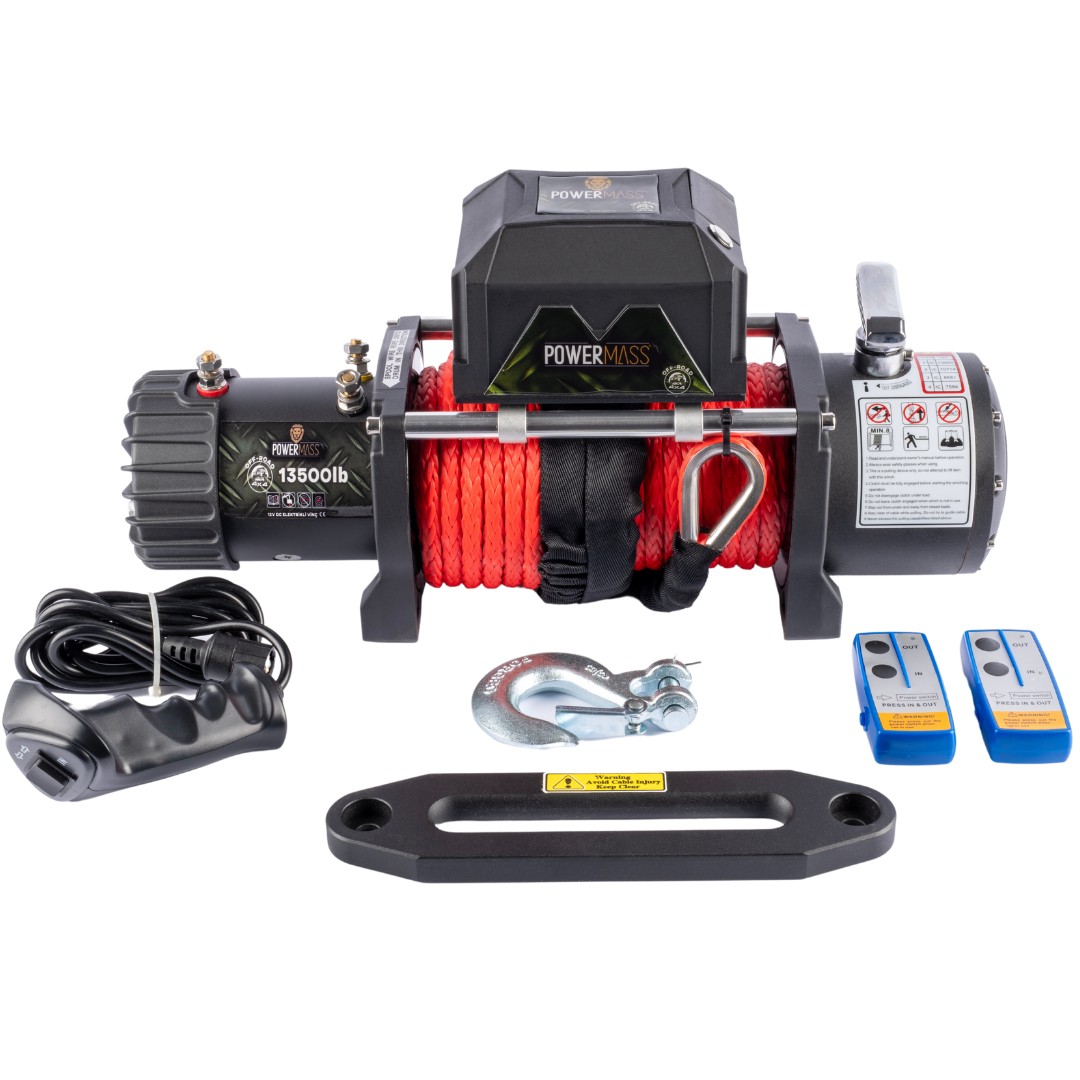 PowerMass 13500 LB Kırmızı Sentetik Halatlı Off-road Vinç 12V