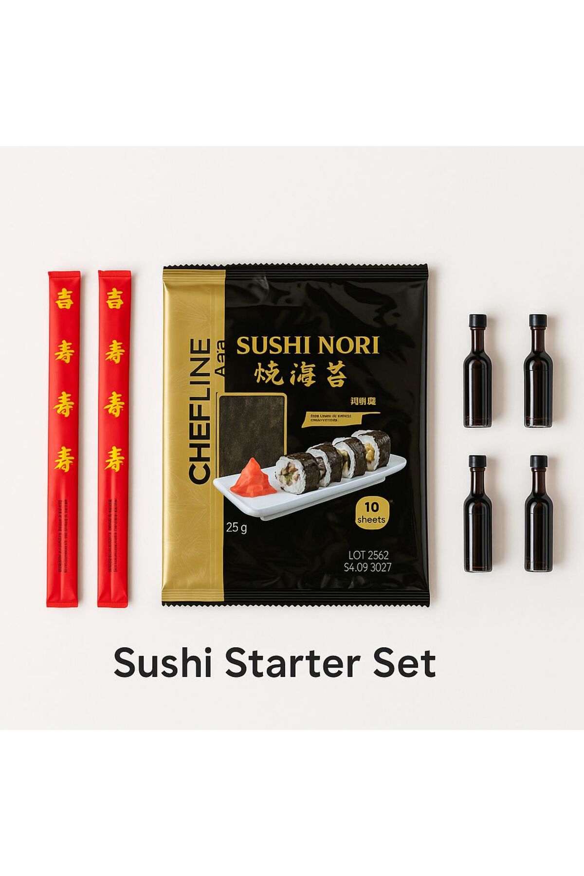10’lu Nori Yosun Yaprağı + 4x10ml Soya Sosu + 2 Bambu Stick – Sushi Starter Set