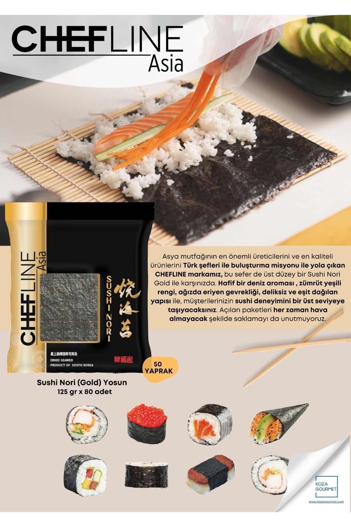 Chefline Sushi Nori (GOLD KALİTE) Yosun – 50 Yaprak, 125 gr | Sushi Için Premium Yosun