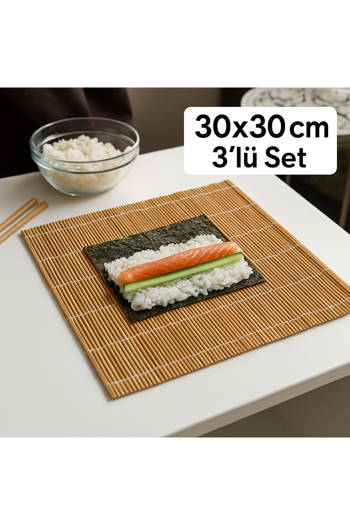 Sushi Nori 50 li Yosun Yaprağı + Bambu Sarma Matı 3'lü Set – 30x30 cm