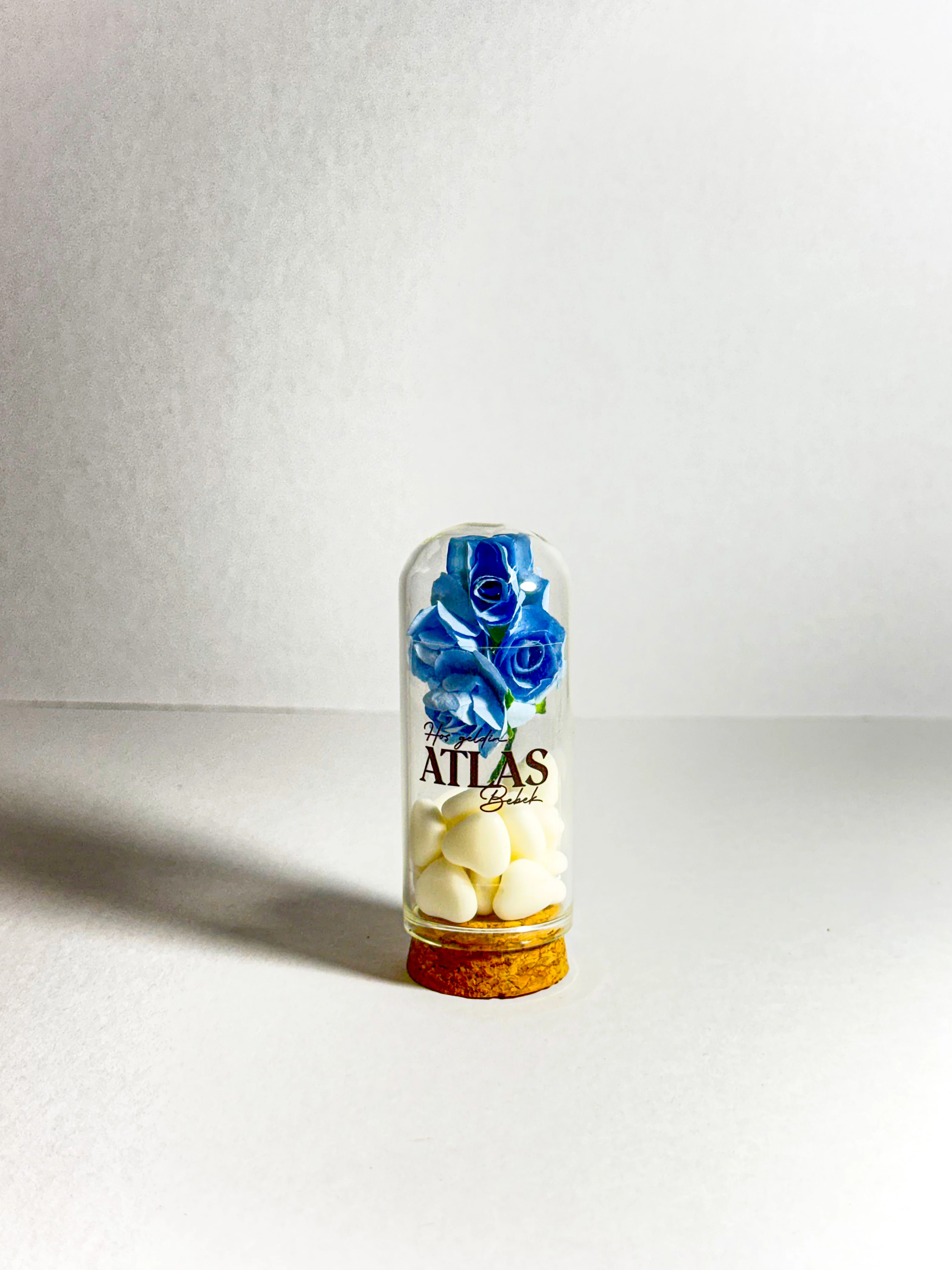 Mavi Çiçek ve Kalp Şeker Süslemeli Ters Fanus - 20 Adet - Söz, Nişan, Düğün, Doğum Hediyelikleri