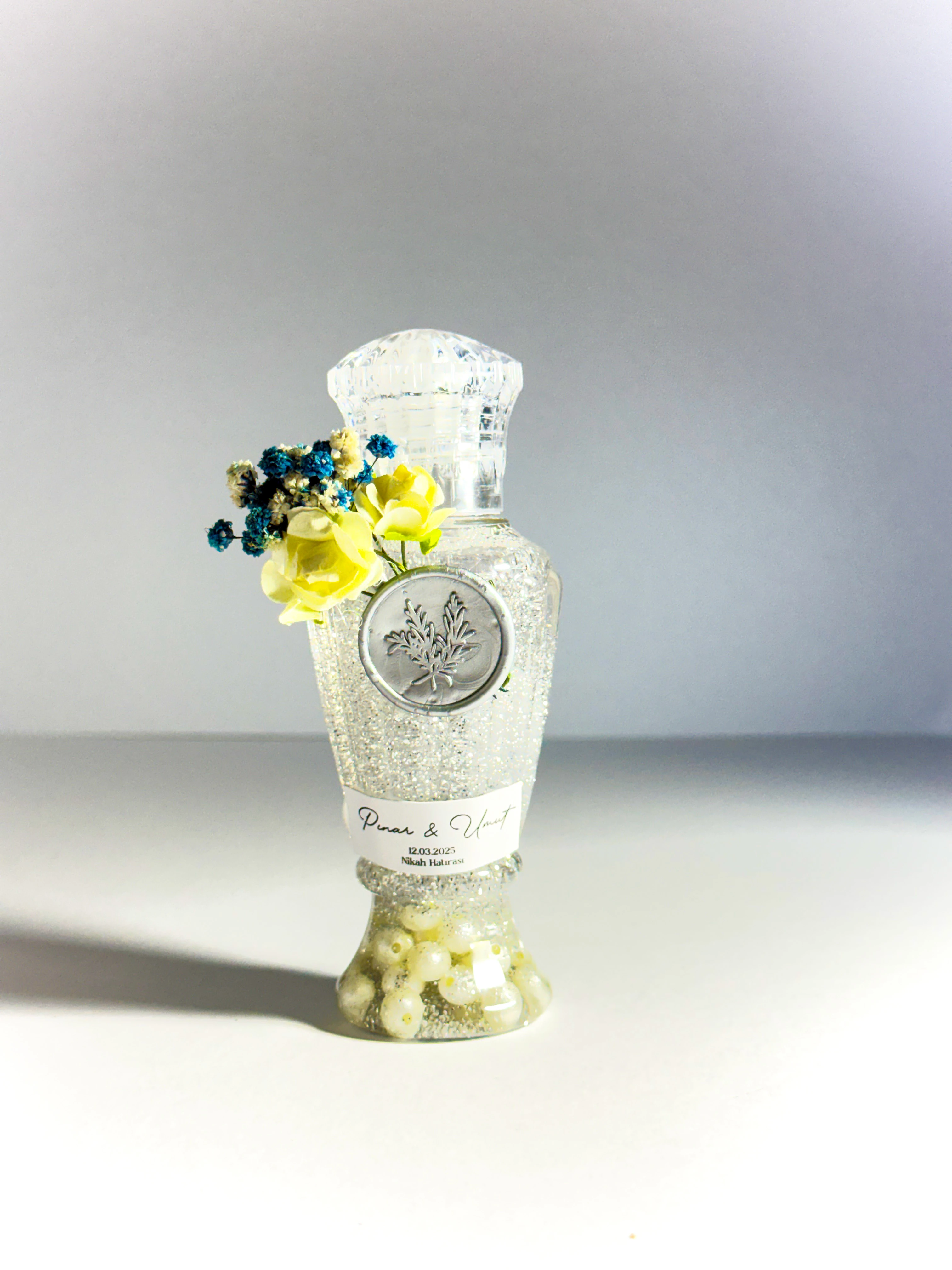 Büyük Plastik Şişede Dekoratif Kolonya - Mühür ve Gümüş Simli - 20 Adet - Düğün Hediyelikleri