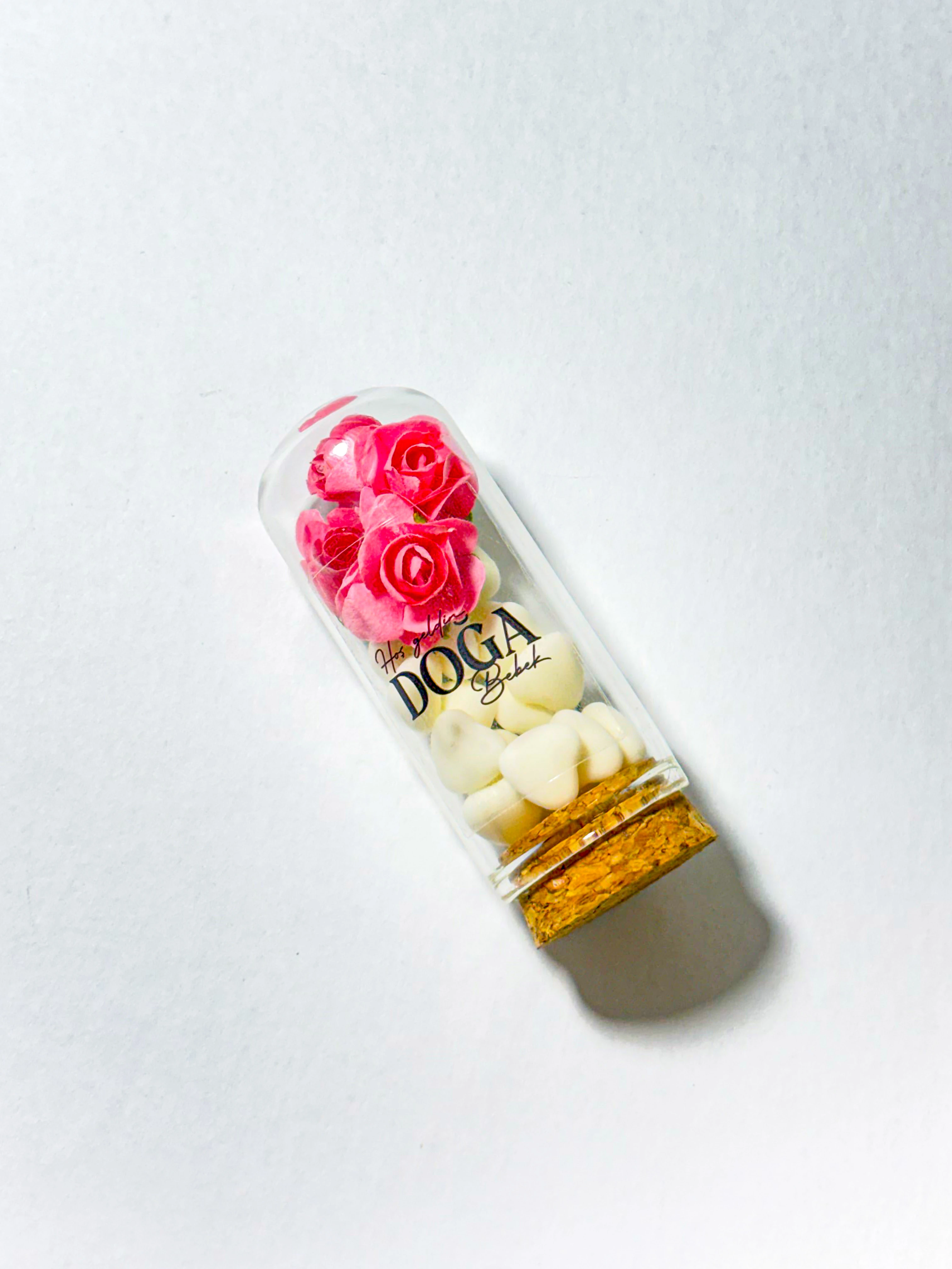 Pembe Çiçek ve Kalp Şeker Süslemeli Ters Fanus - 20 Adet - Söz, Nişan, Düğün, Doğum Hediyelikleri