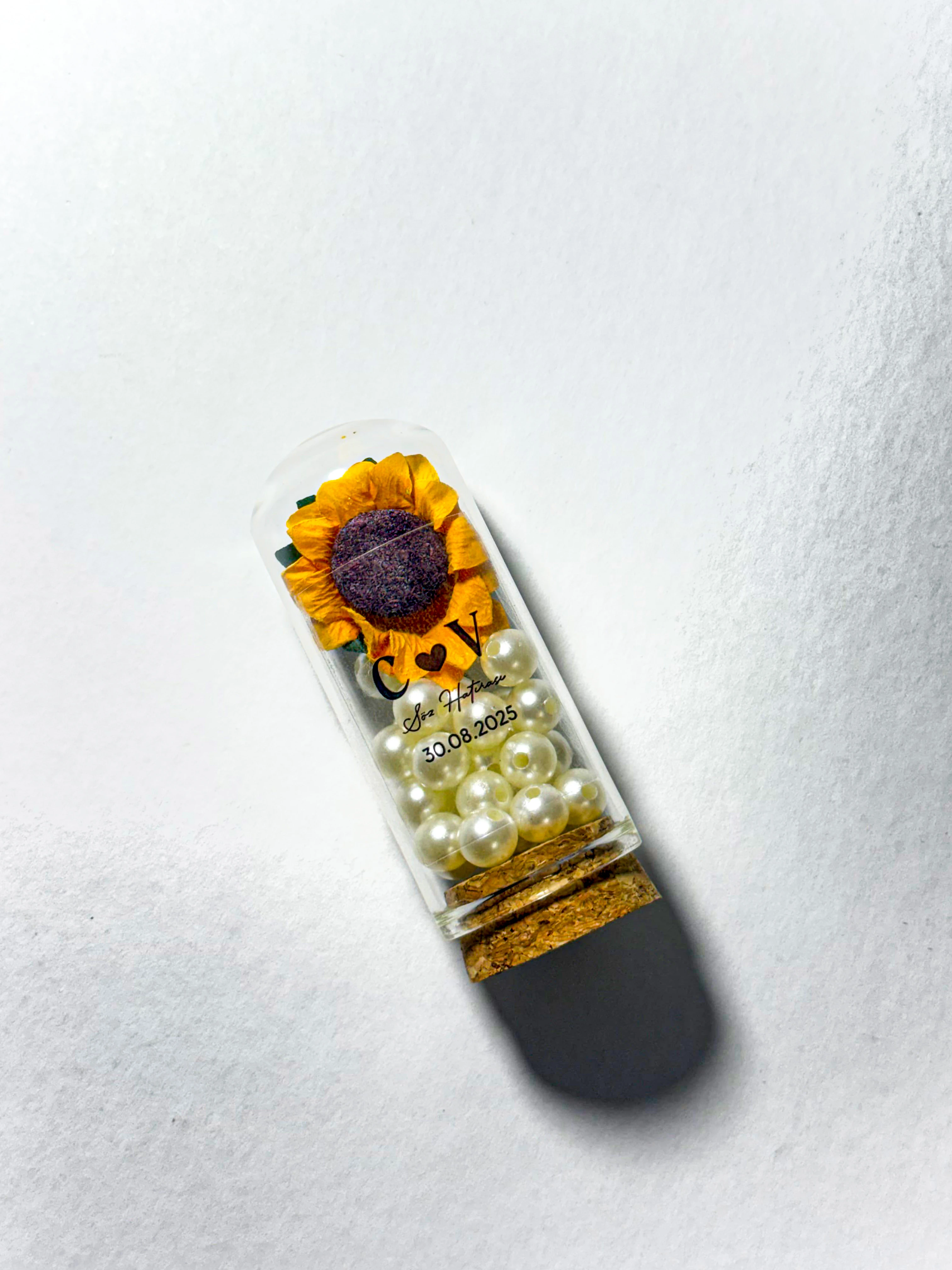 Ayçiçek ve İnci Süslemeli Ters Fanus - 20 Adet - Söz, Nişan, Düğün Hediyelikleri