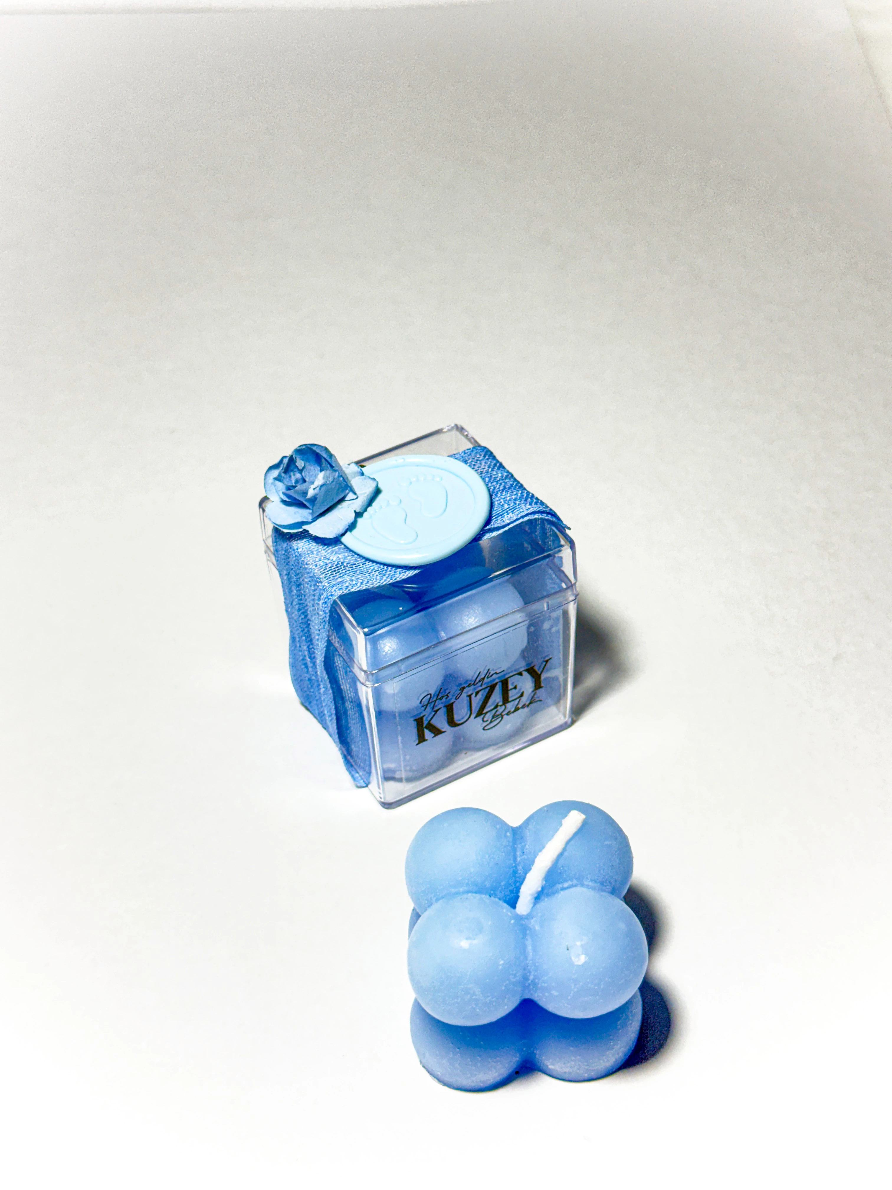 Çiçek ve Mühür Süslemeli Mavi Bubble Mum - 20 Adet - Doğum, Söz, Nişan, Düğün Hediyelikleri