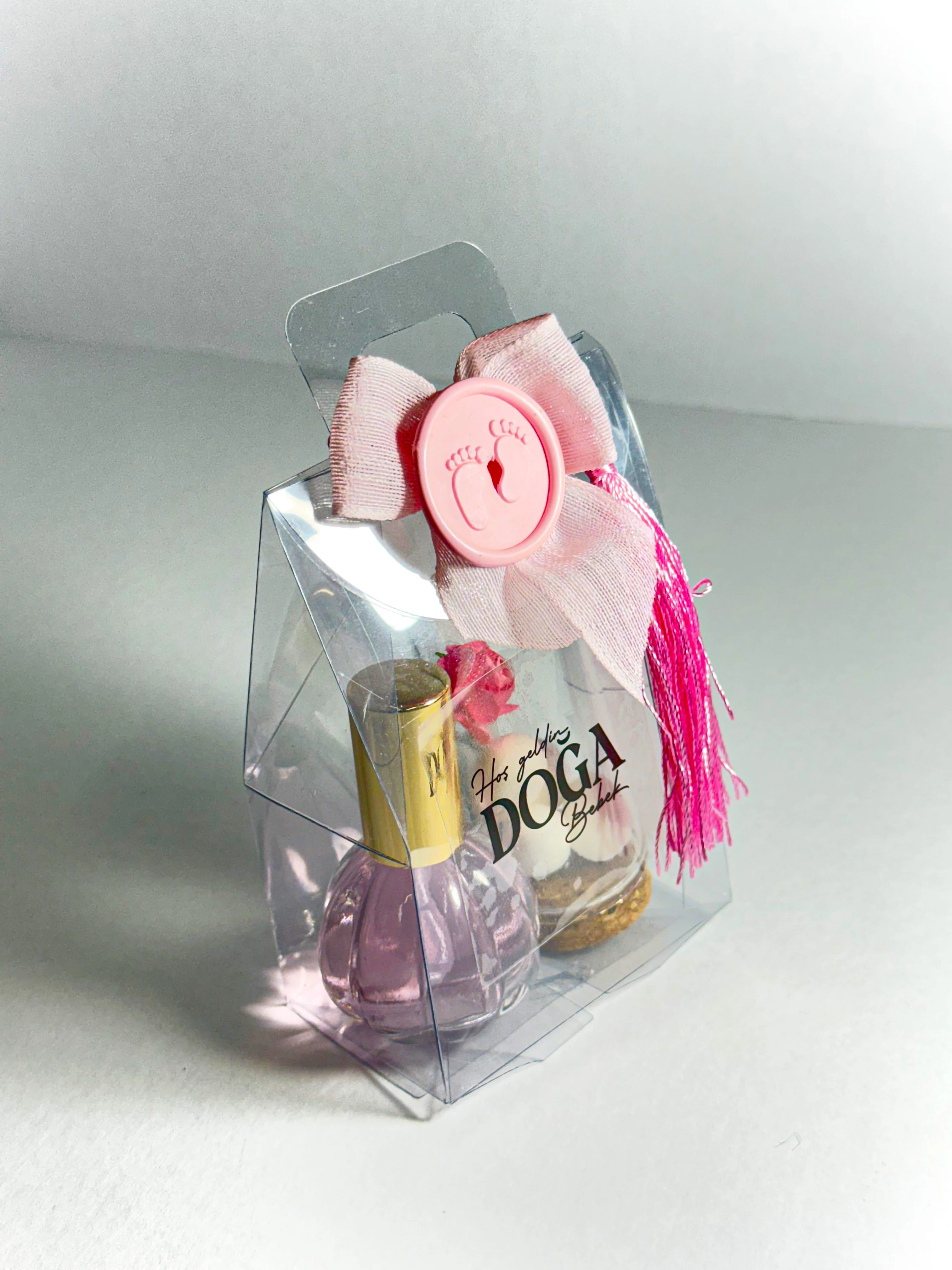 Pleksi Çantada Şeker ve Kolonya Seti - Pembe - 20 Adet - Doğum Hediyelikleri