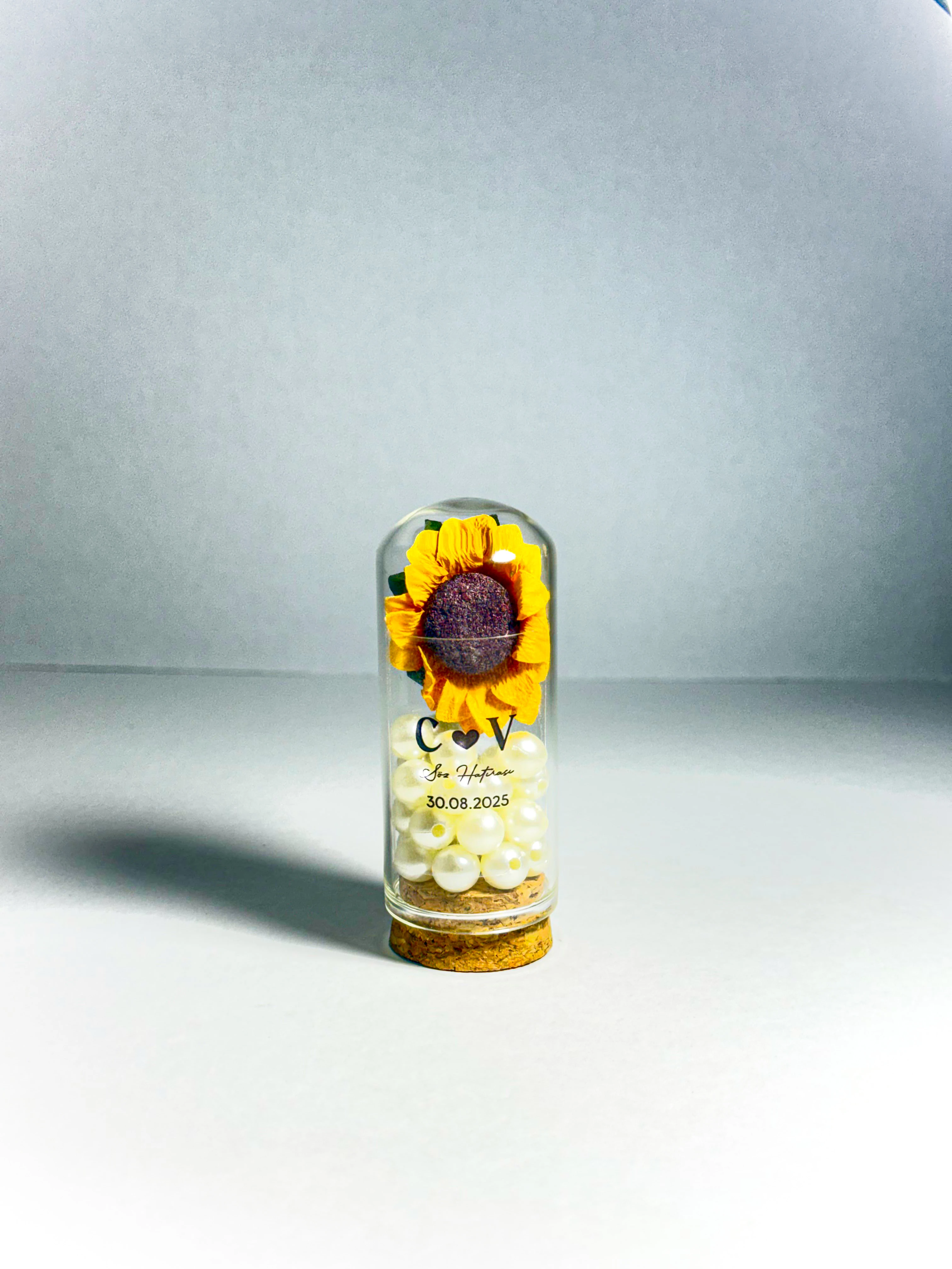 Ayçiçek ve İnci Süslemeli Ters Fanus - 20 Adet - Söz, Nişan, Düğün Hediyelikleri