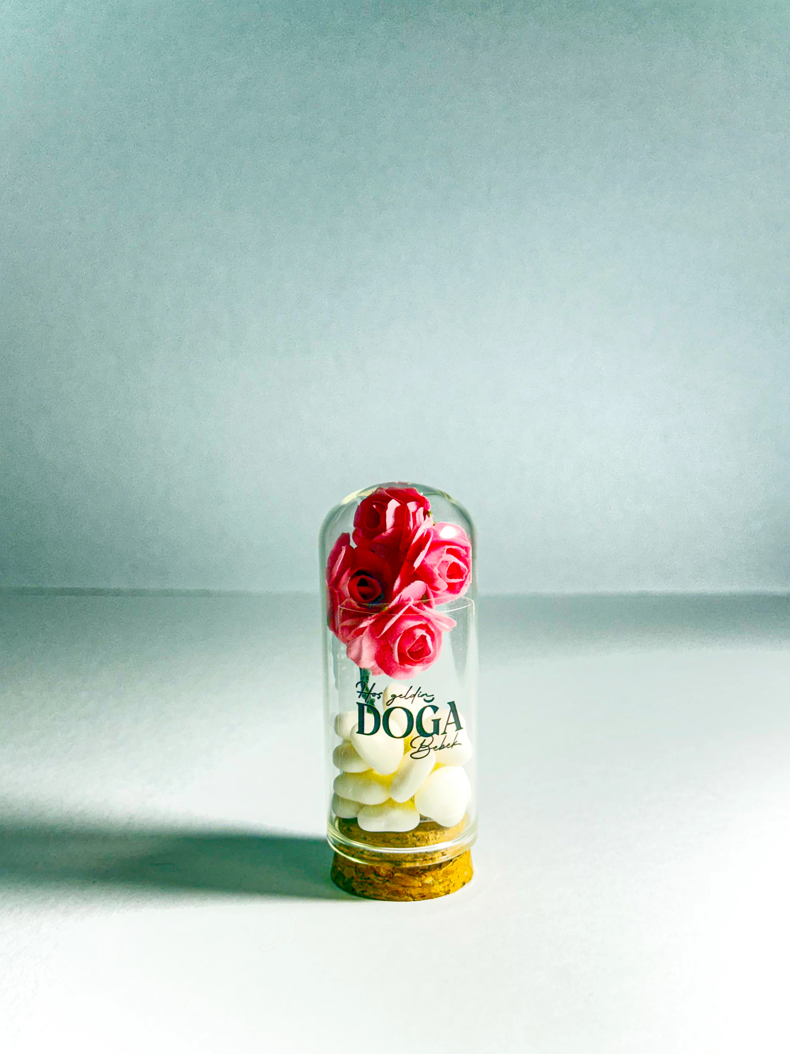 Pembe Çiçek ve Kalp Şeker Süslemeli Ters Fanus - 20 Adet - Söz, Nişan, Düğün, Doğum Hediyelikleri