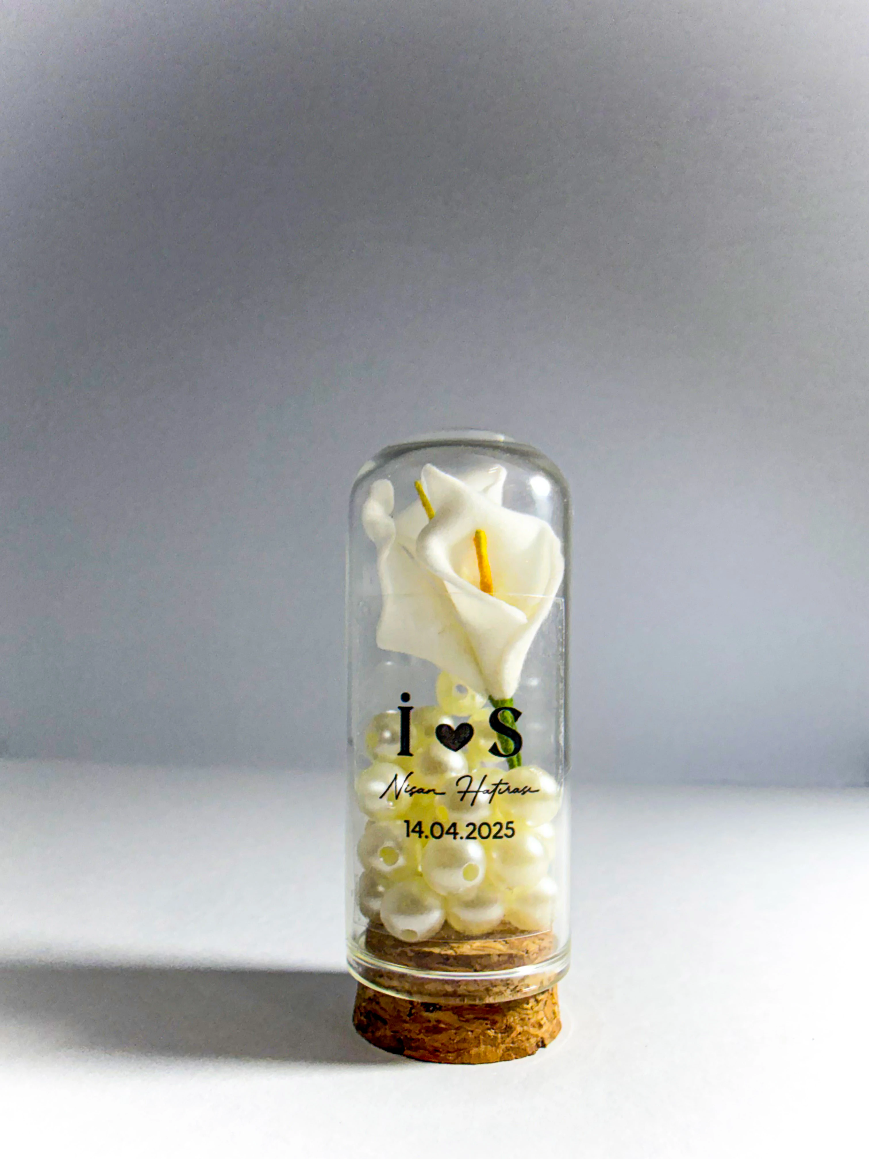 Gala Çiçeği ve İnci Süslemeli Ters Fanus - 20 Adet - Söz, Nişan, Düğün Hediyelikleri