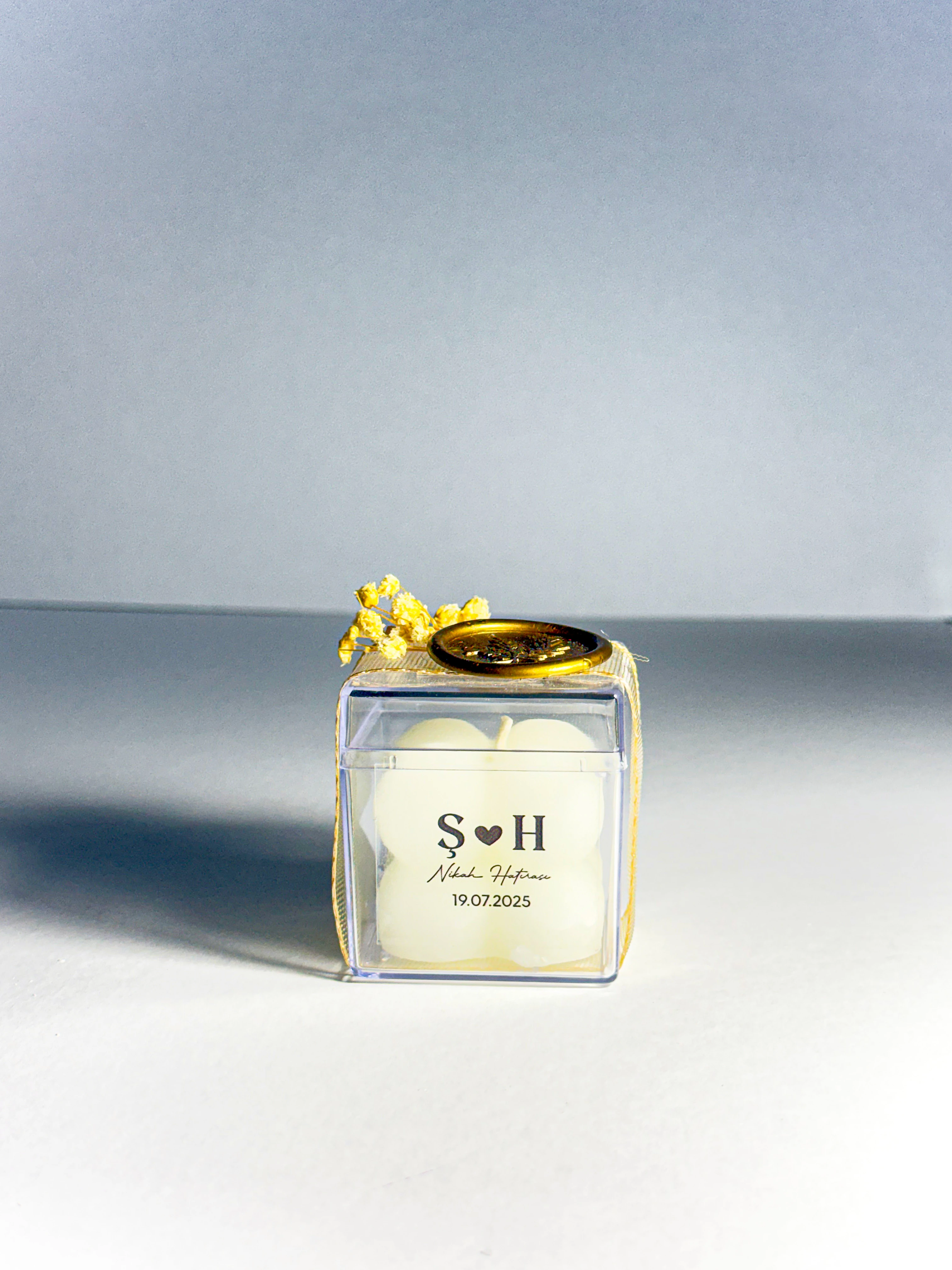 Çiçek ve Mühür Süslemeli Beyaz Bubble Mum - 20 Adet - Doğum, Söz, Nişan, Düğün Hediyelikleri