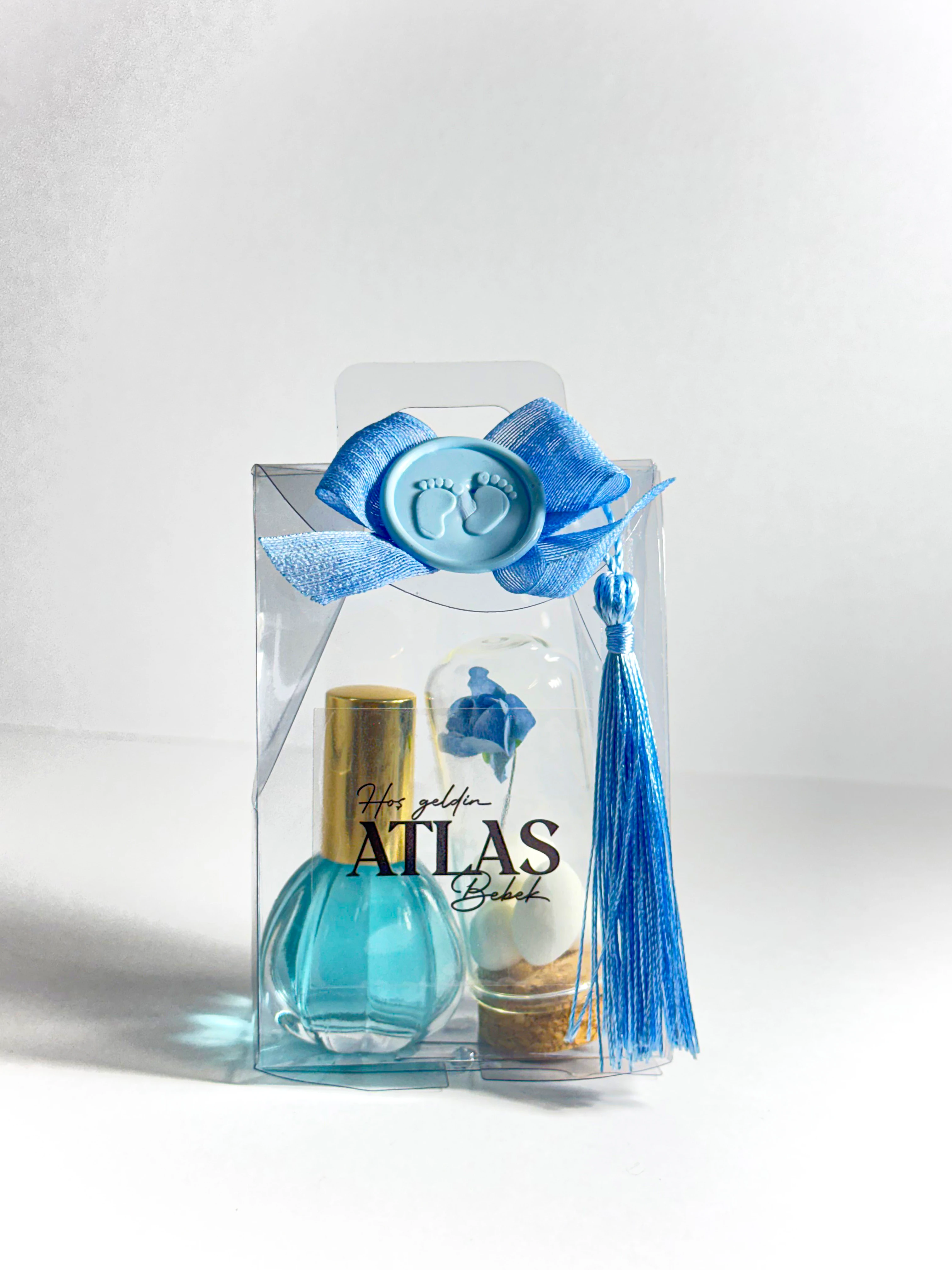 Pleksi Çantada Şeker ve Kolonya Seti - Mavi - 20 Adet - Doğum Hediyelikleri