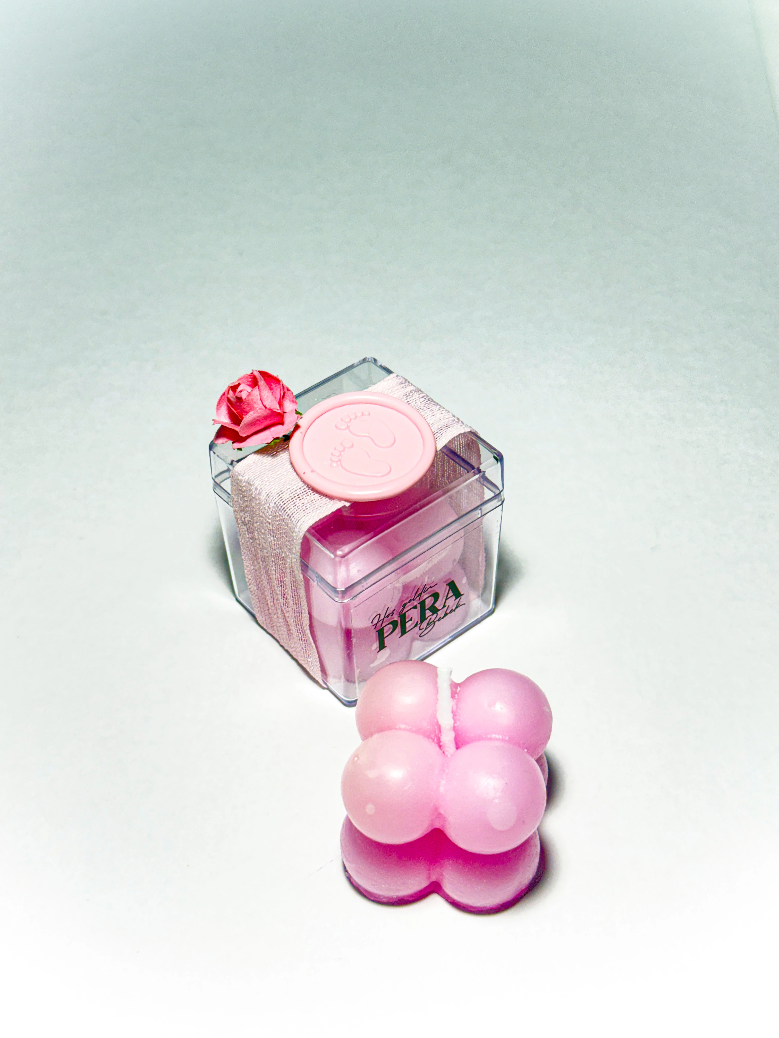 Çiçek ve Mühür Süslemeli Pembe Bubble Mum - 20 Adet - Doğum, Söz, Nişan, Düğün Hediyelikleri