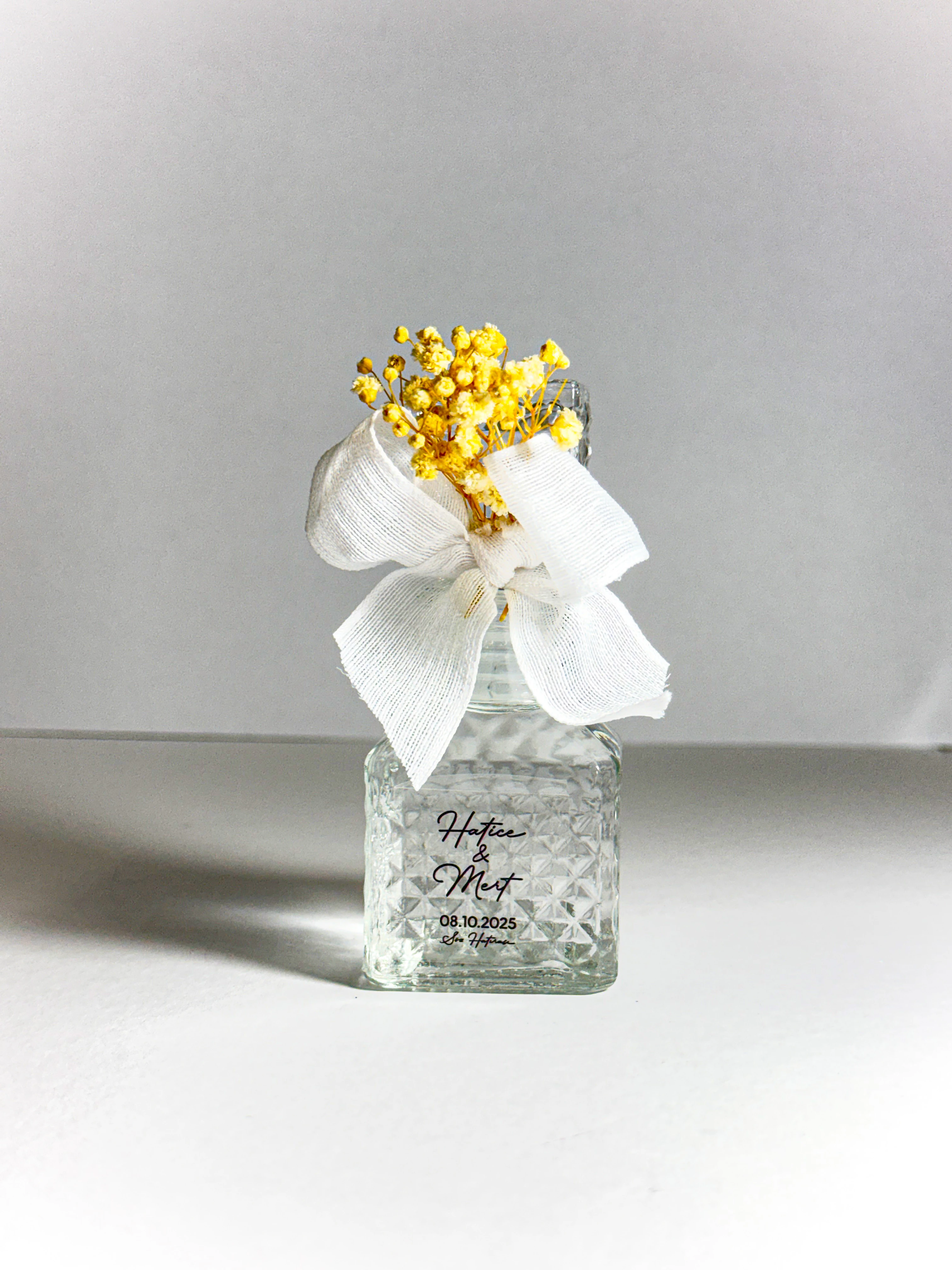 Lüks Cam Şişede Dekoratif Kolonya - Çiçek Süslemeli - 20 Adet - Söz, Nişan, Düğün Hediyelikleri