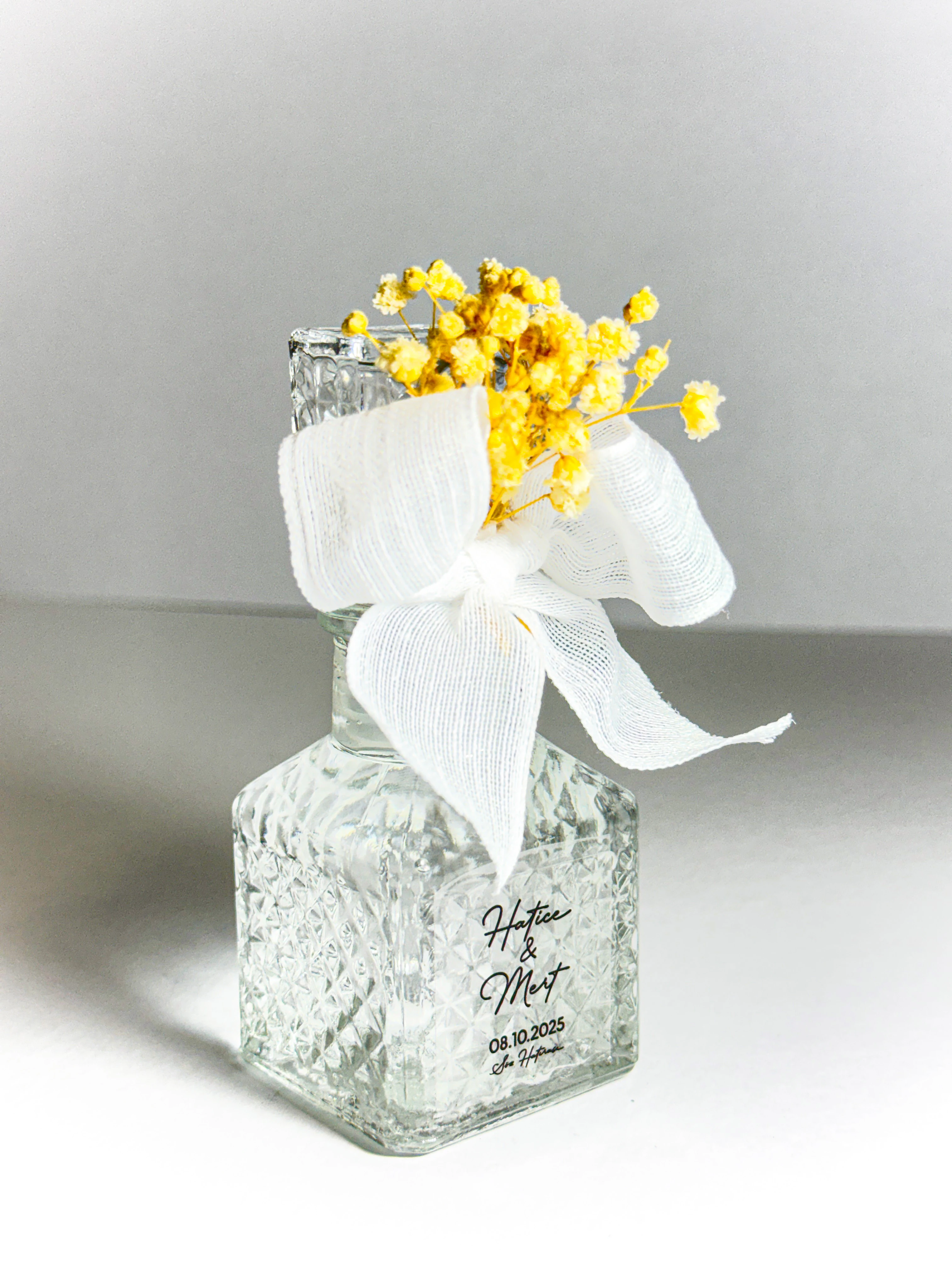 Lüks Cam Şişede Dekoratif Kolonya - Çiçek Süslemeli - 20 Adet - Söz, Nişan, Düğün Hediyelikleri