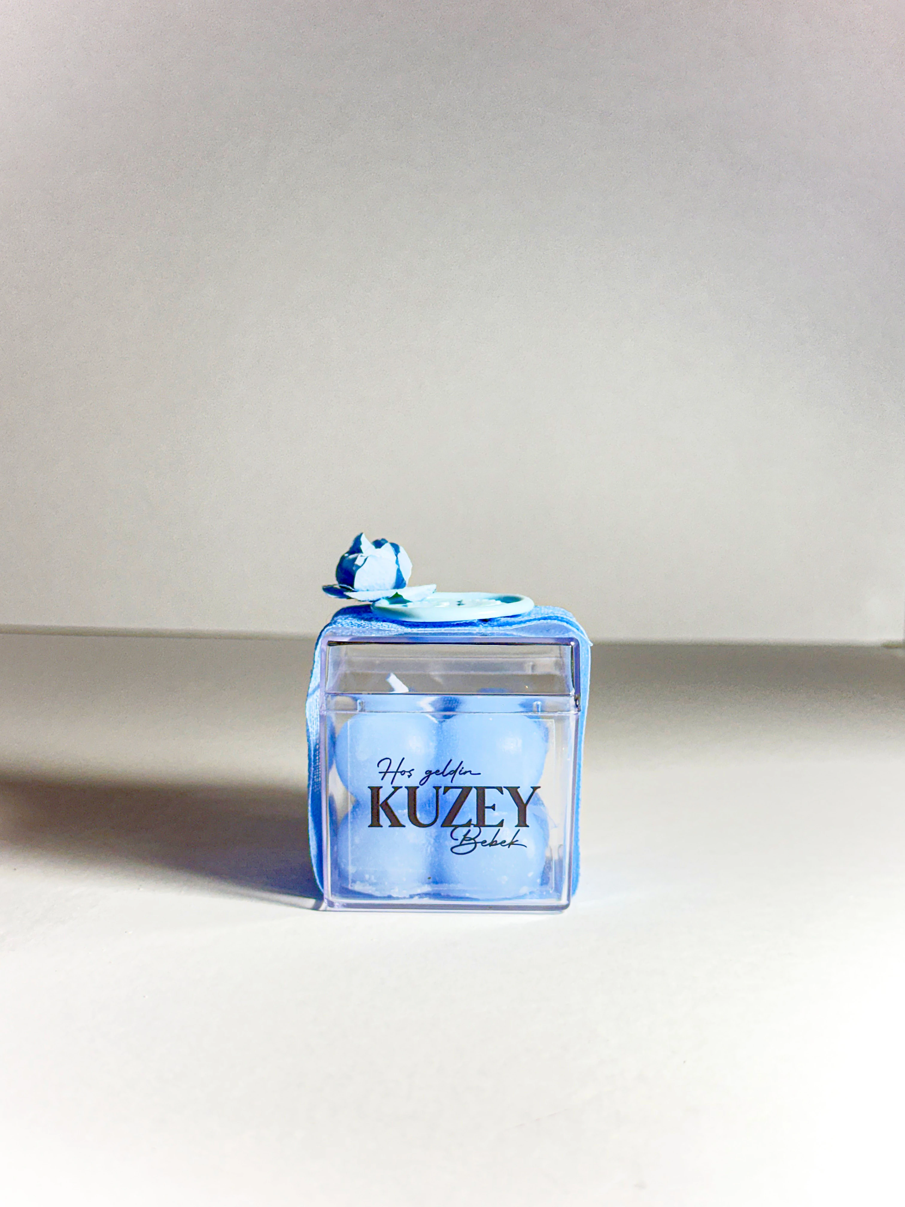 Çiçek ve Mühür Süslemeli Mavi Bubble Mum - 20 Adet - Doğum, Söz, Nişan, Düğün Hediyelikleri