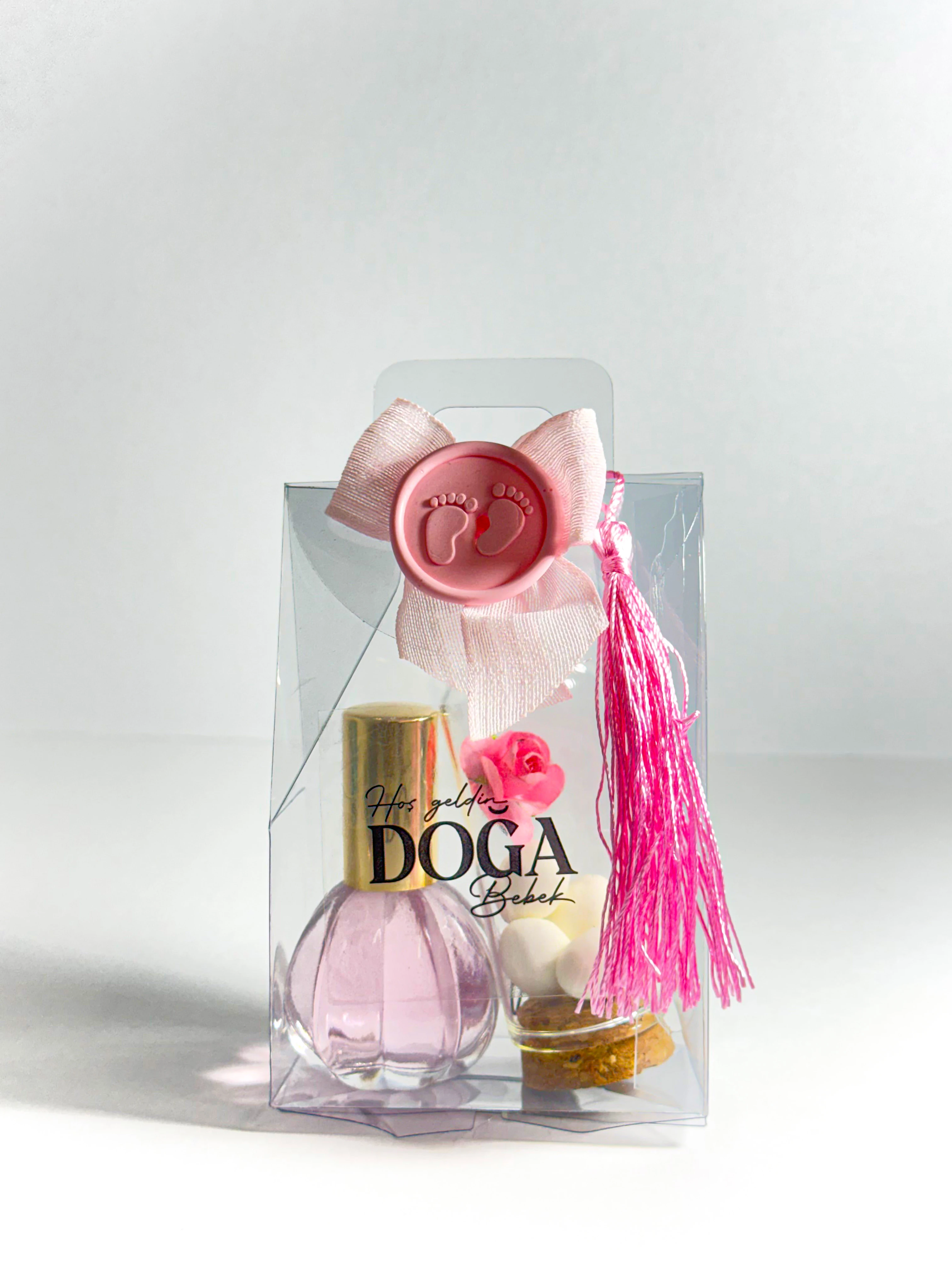 Pleksi Çantada Şeker ve Kolonya Seti - Pembe - 20 Adet - Doğum Hediyelikleri