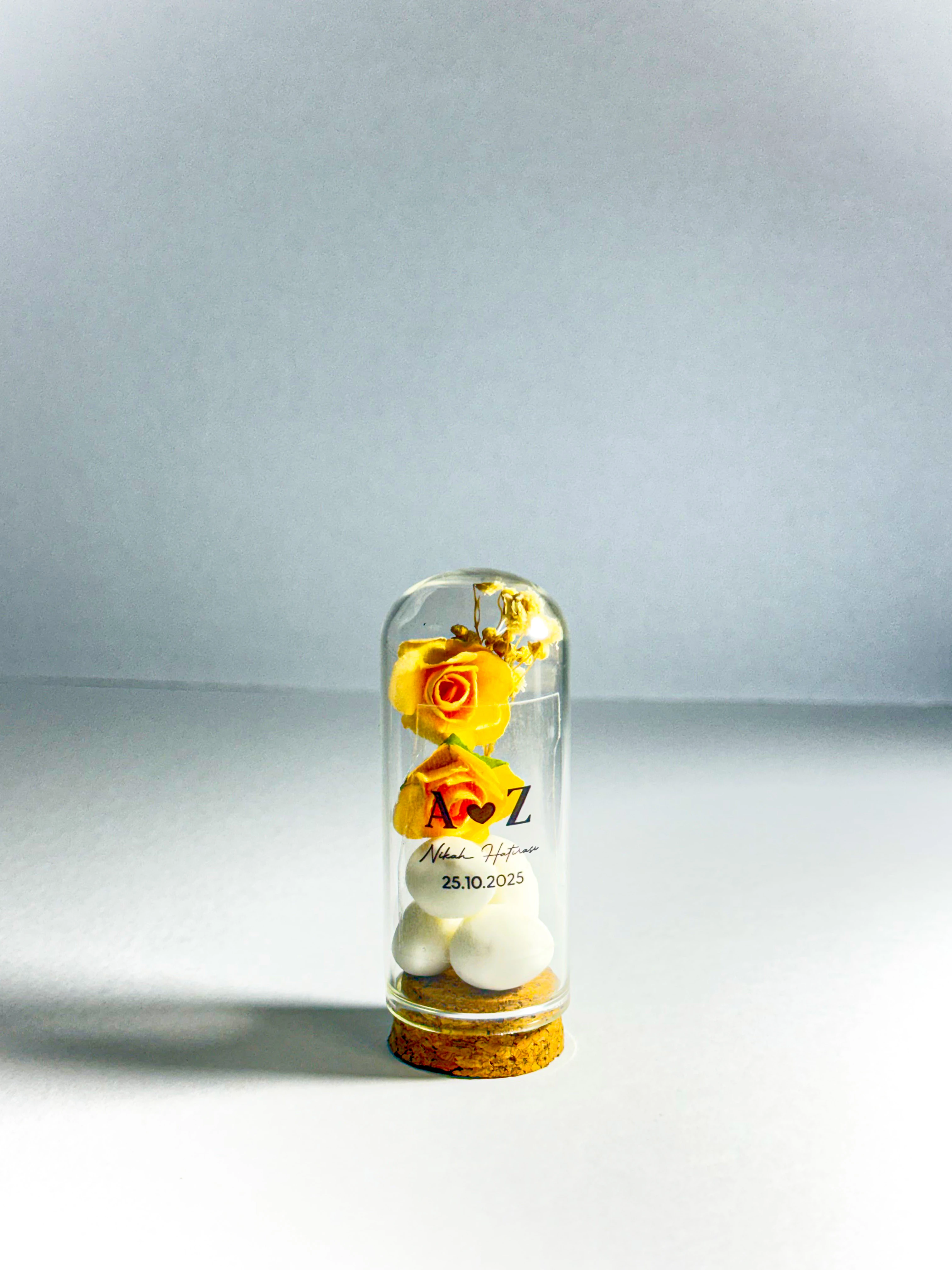 Cipso Çiçek ve Badem Şekeri Süslemeli Ters Fanus - 20 Adet - Söz, Nişan, Düğün Hediyelikleri