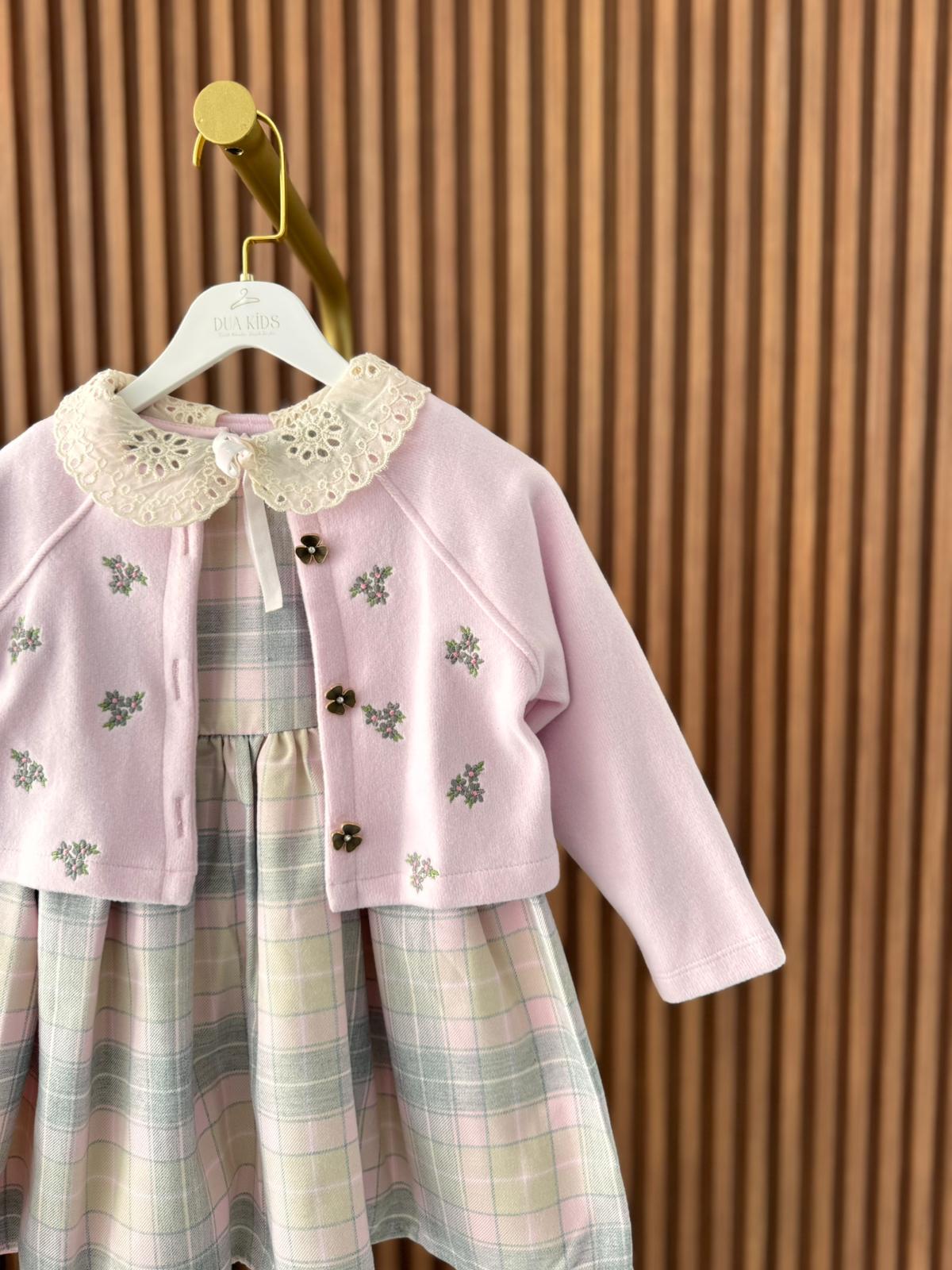 Lila Çiçek Detaylı Hırkalı Elbise