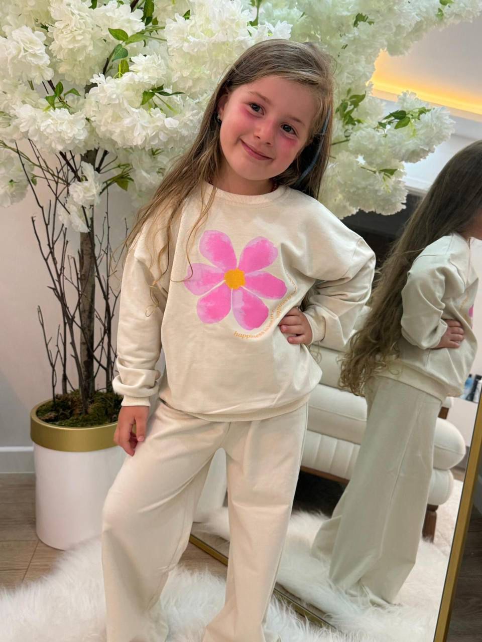 Bej Çiçek Baskılı Takım