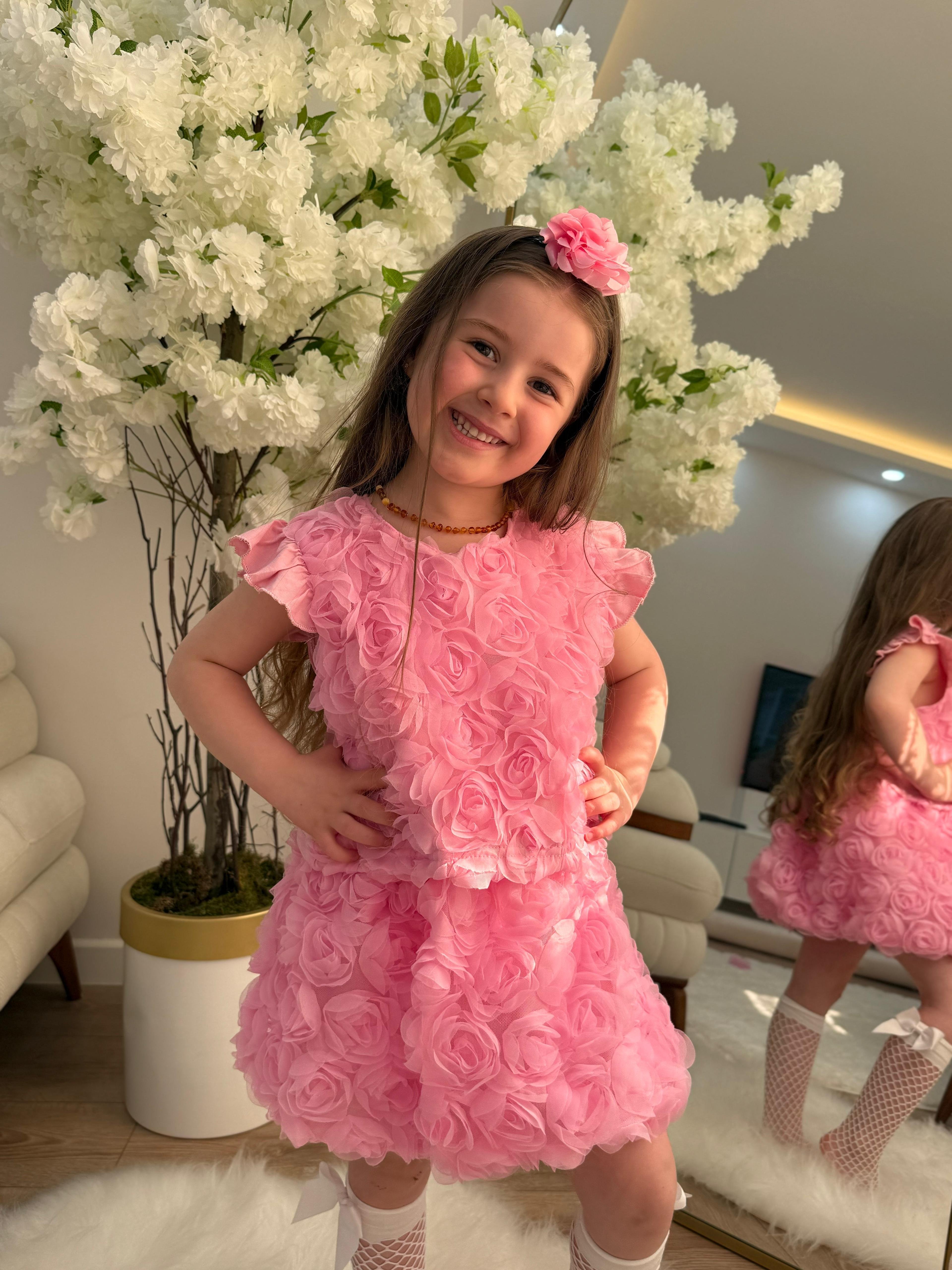 Pembe Gül Detaylı Etekli Takım