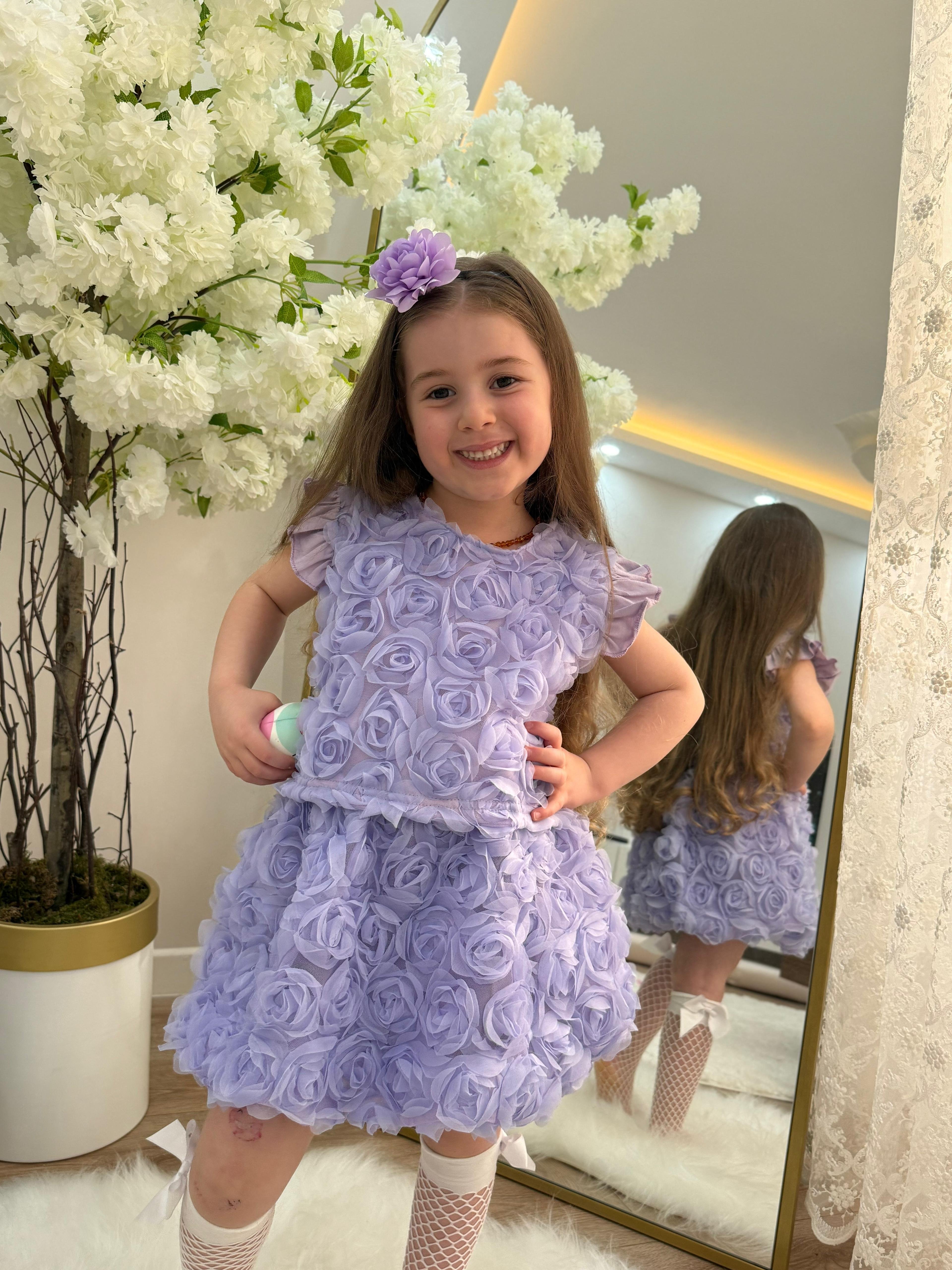Lila Gül Detaylı Etekli Takım
