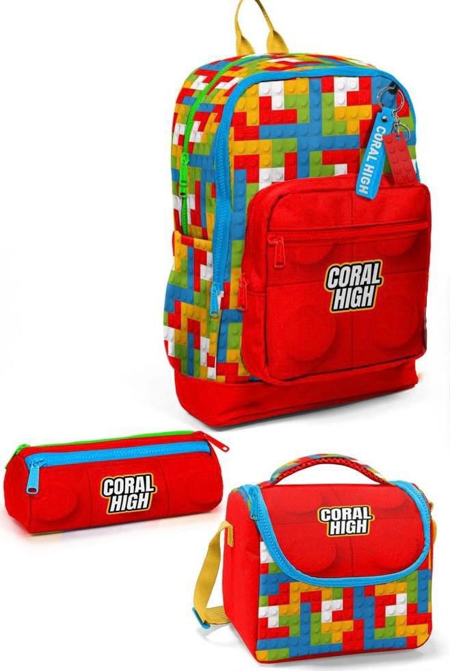 Coral High Kids Kırmızı Lego Desenli 3’lü Okul Çanta Set