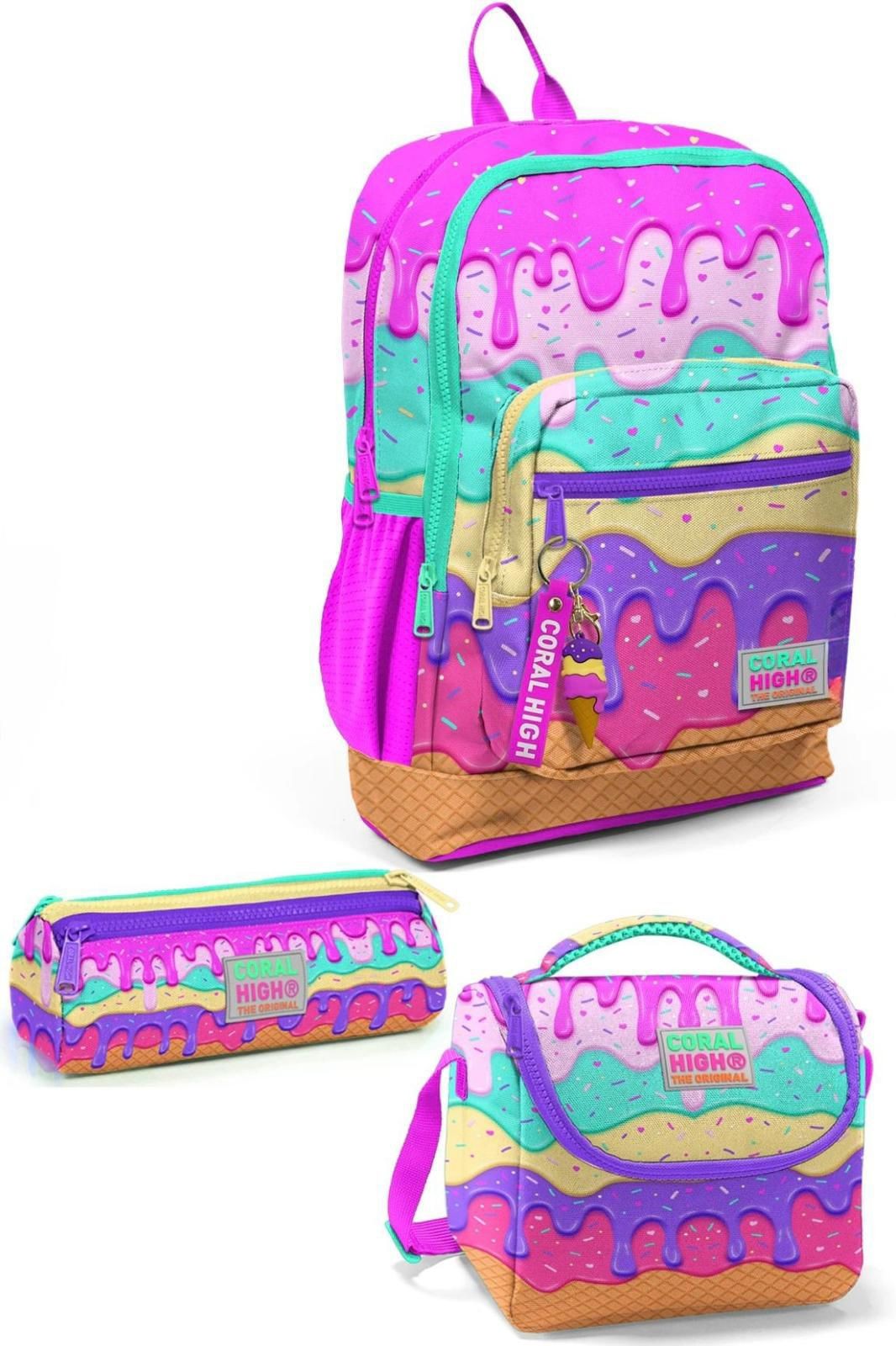 Coral High Kids Pembe Rengarenk Dondurma Desenli 3’lü Okul Çanta Set