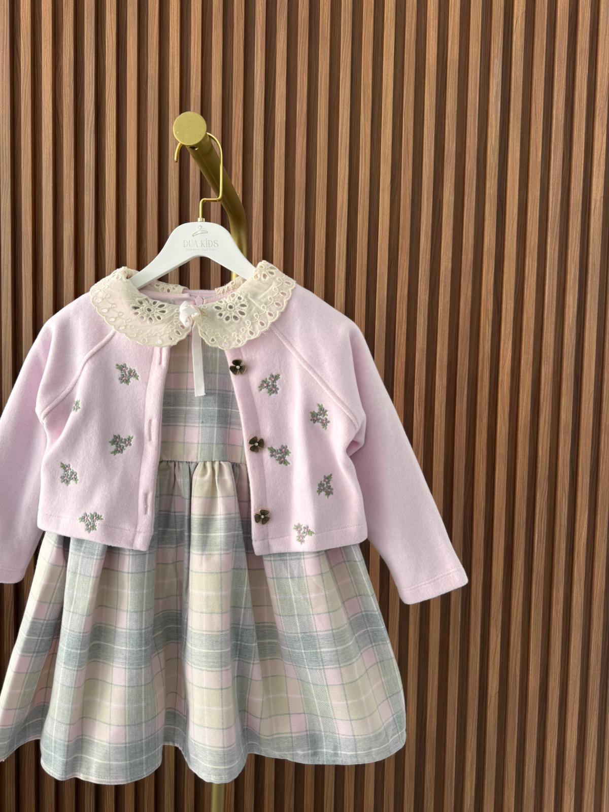 Lila Çiçek Detaylı Hırkalı Elbise