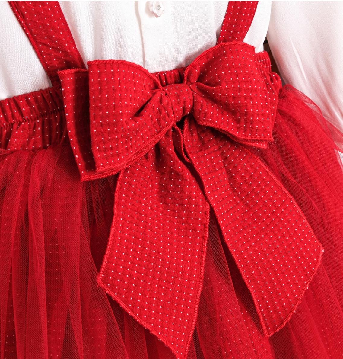 Kırmızı Fiyonk Detaylı Tütülü Elbise