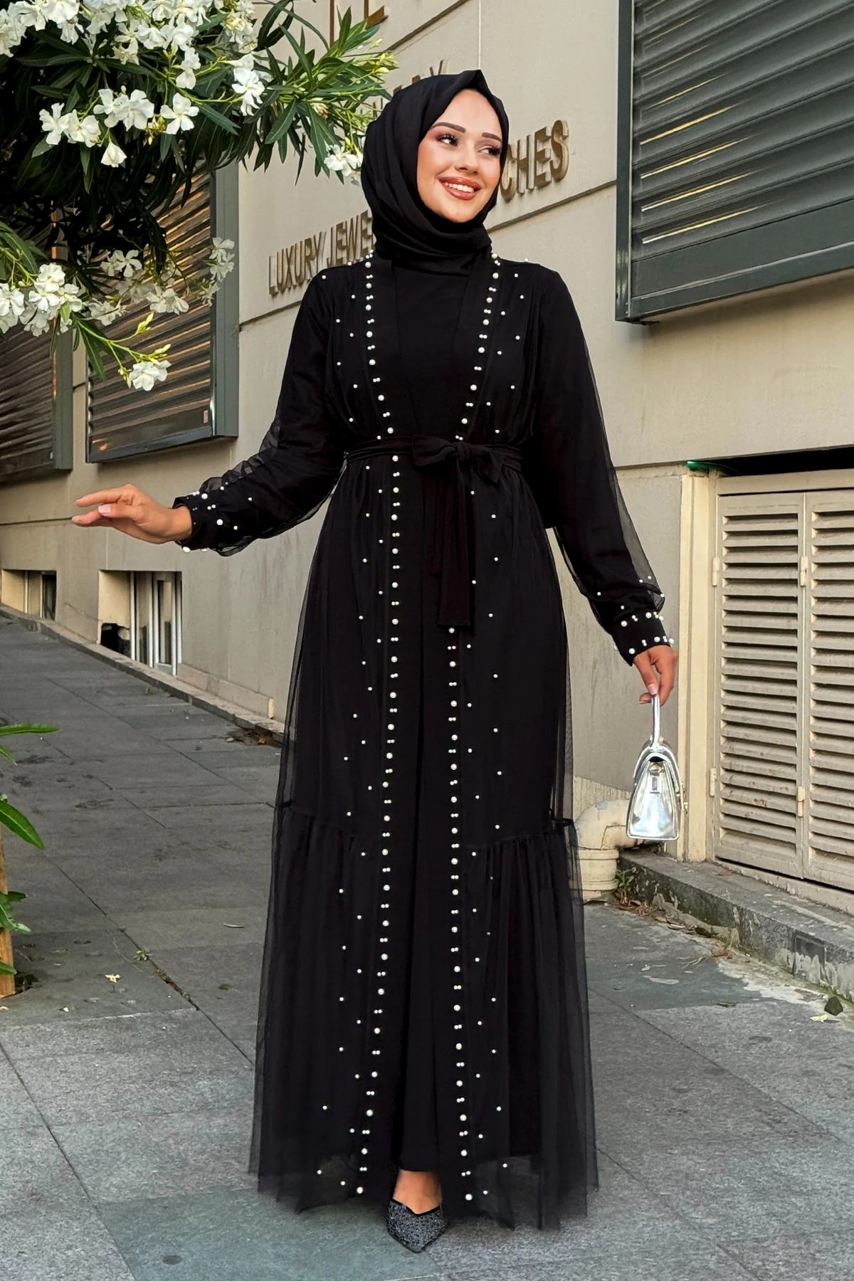 İnci İşlemeli İkili Abaya Takım