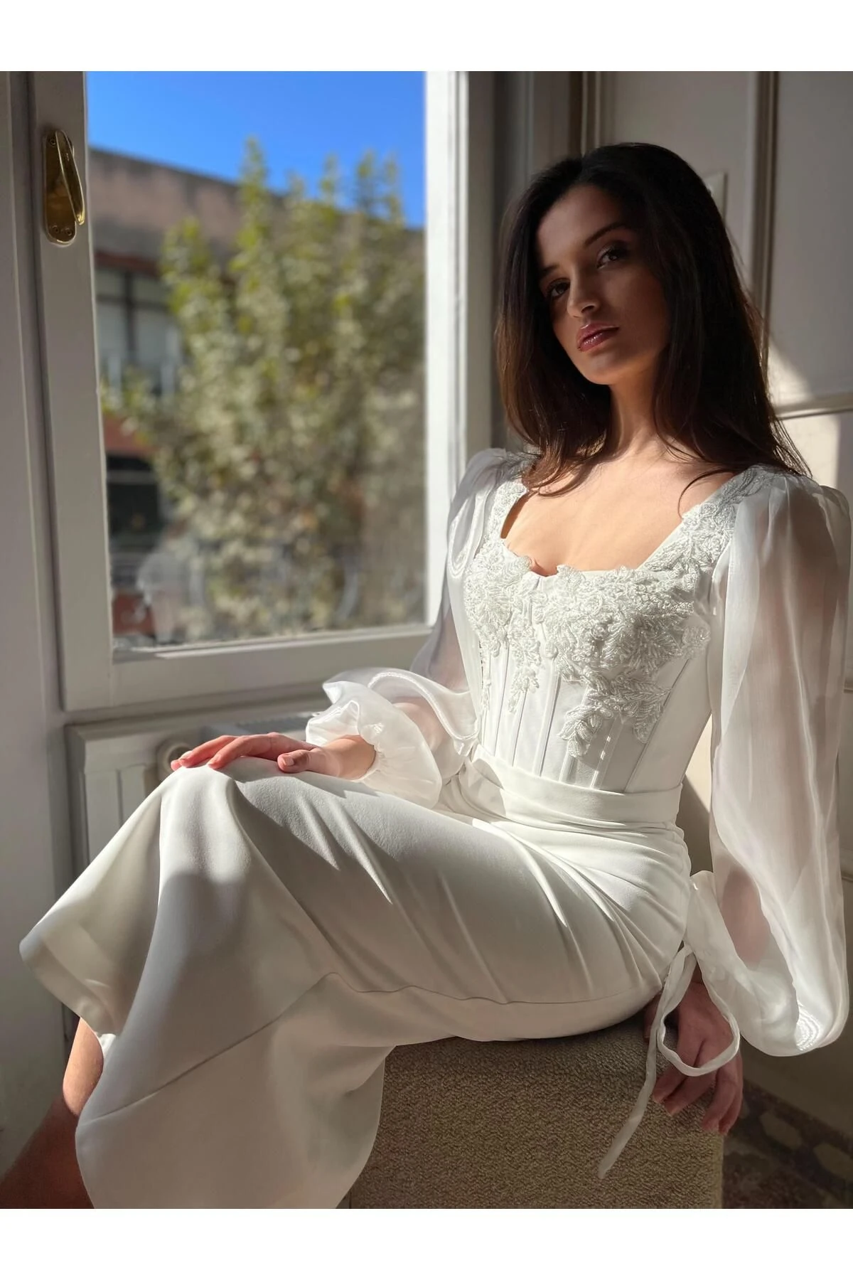 Balon Kol Aplik Üzeri Kristal Boncuk İşleme Detaylı Kalem Abiye