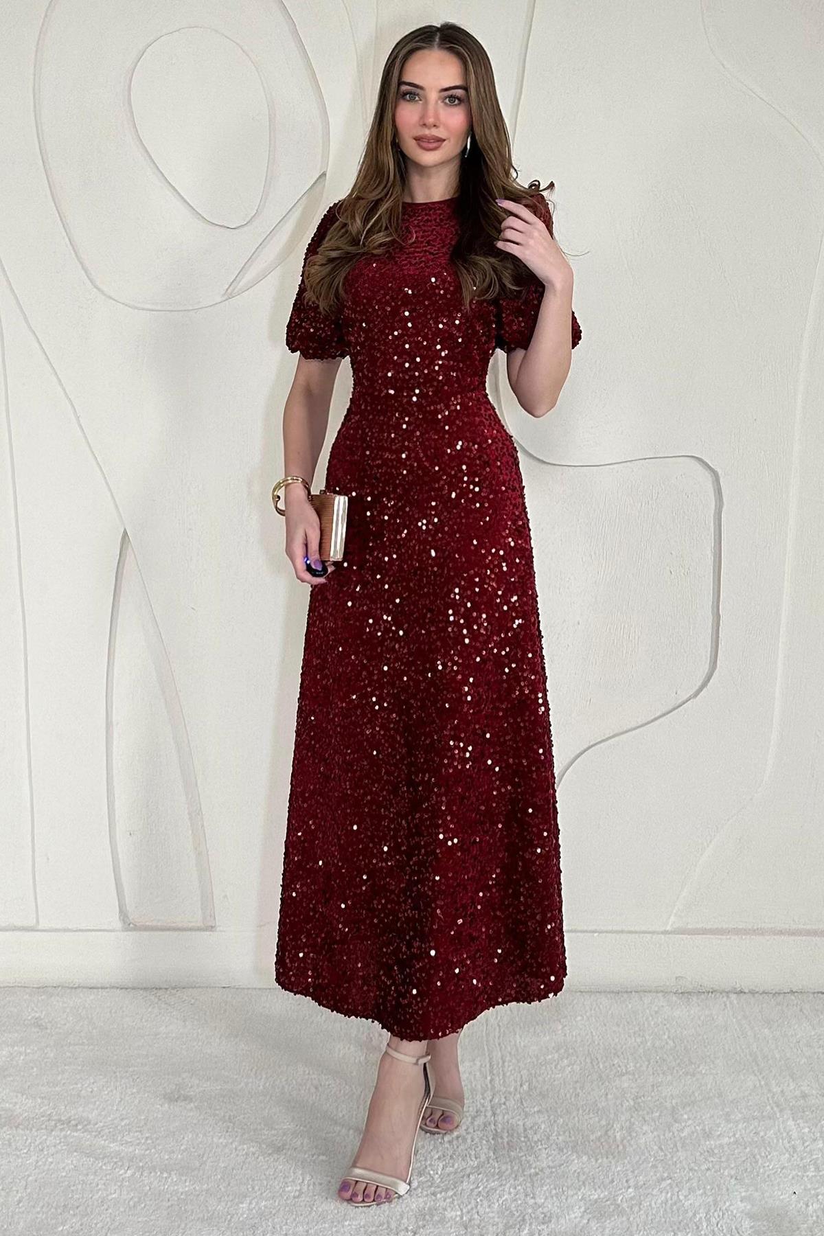 Bordo Midi Boy Pul Payet Elbise