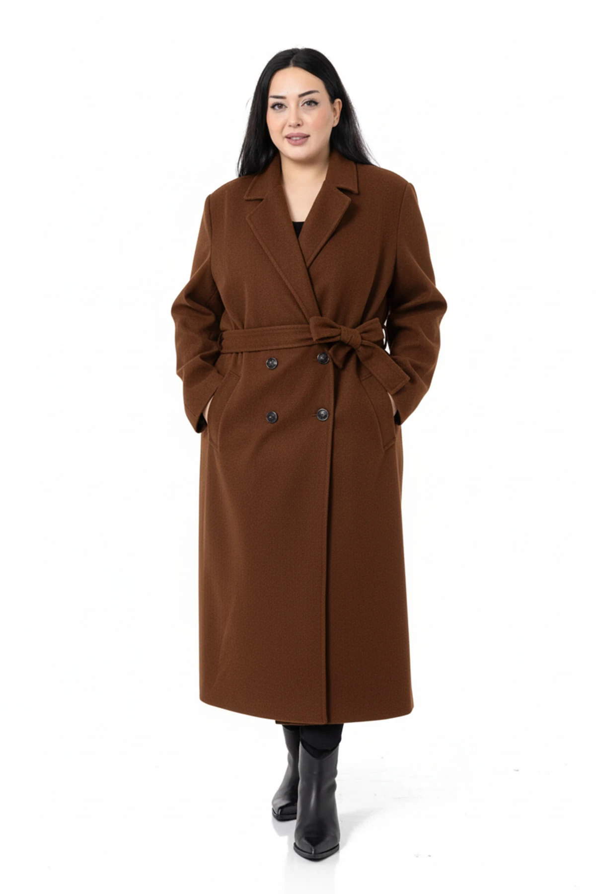 Büyük Beden Yırtmaçlı Uzun Astarlı Kaşe Kaban